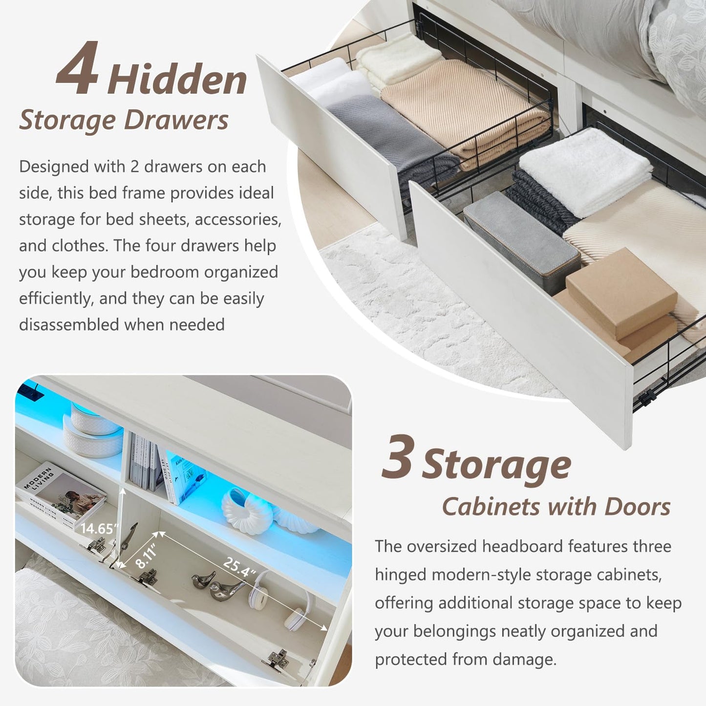 Aitjunz Modern King Size Bed Frame with 50" Tall Storage Headboard, Wood King Size Platform Bed Frame w/4 Drawers, Curved Profile Design, LED Light,Charging Station,No Box Spring Needed,Antique White