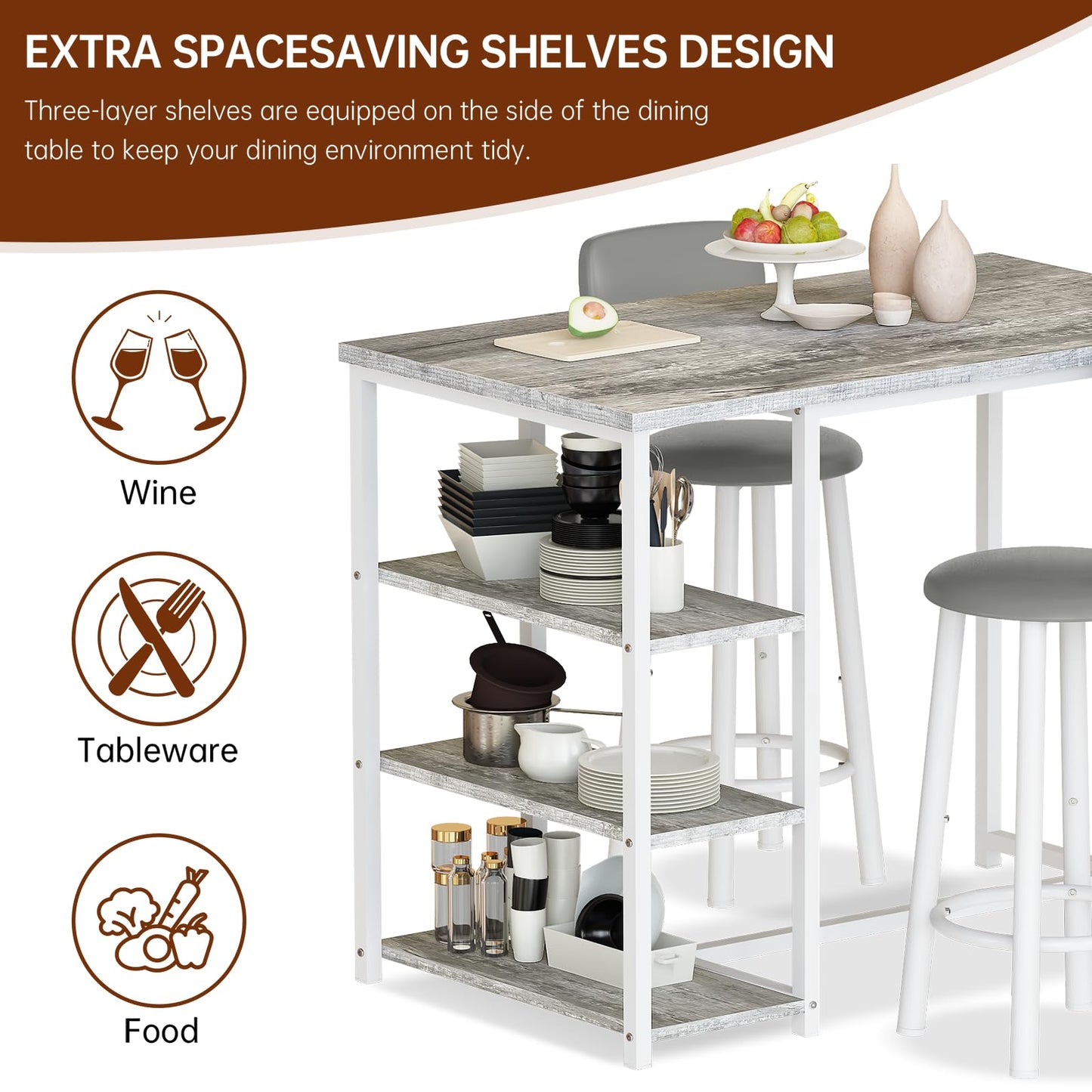 DKLGG Dining Table Set for 2, Counter Height Pub Table with 2 PU Leather Widen Backrest Bar Stools & 3 Storage Shelves, Bar and Chairs Set for Small Space Kitchen, Dining Room, Bar, Grey