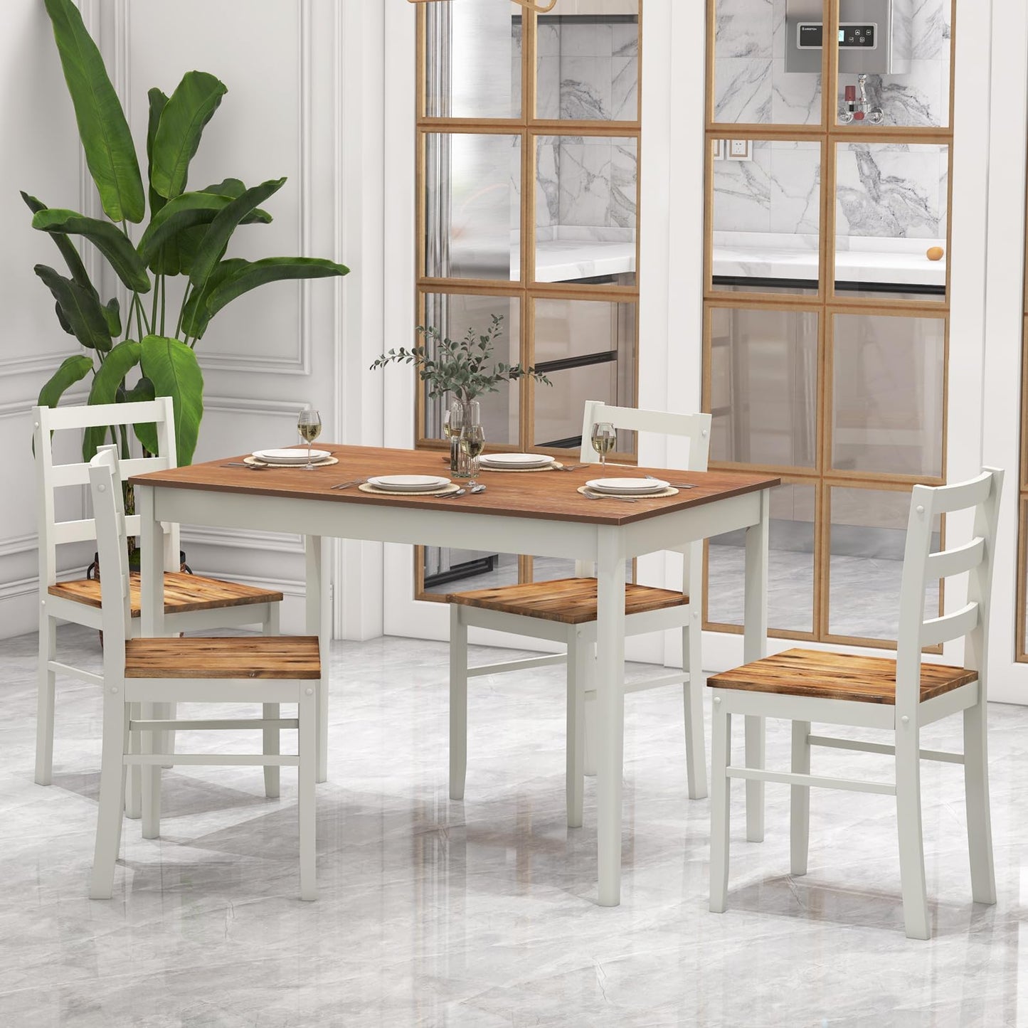Giantex 5-Piece Dining Set for 4, Solid Wood Rectangular Table & 4 Chairs wtih Rubber Wood Legs, Kitchen Table and Chairs Set for Small Spaces Dinette Dining Room Restaurant (Rustic Brown)