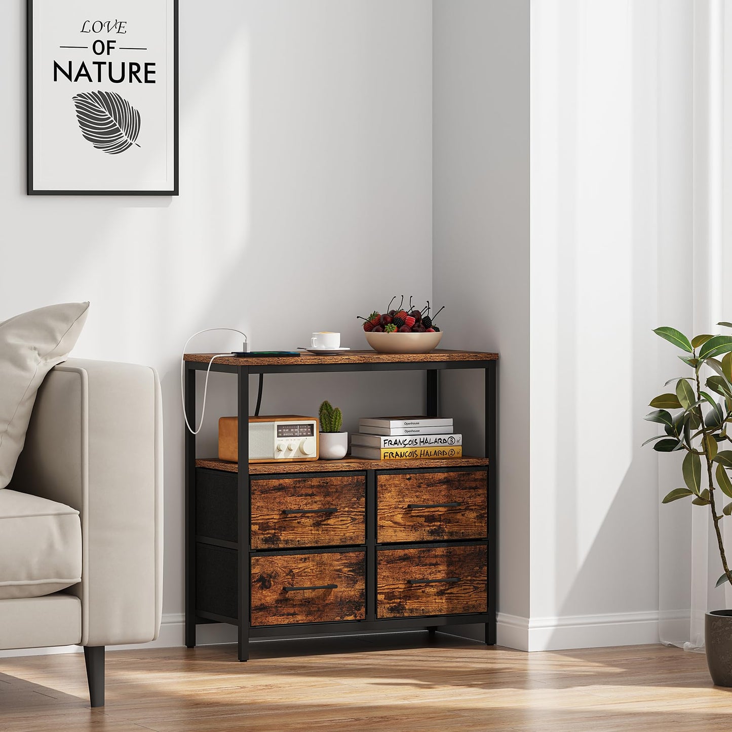 TUTOTAK Large Night Stand with Charging Station, Nightstand with USB and Type-C Port, Bedside Table with Cloth Drawers, End Table for Livingroom, Bedroom, Brown TB01BB081