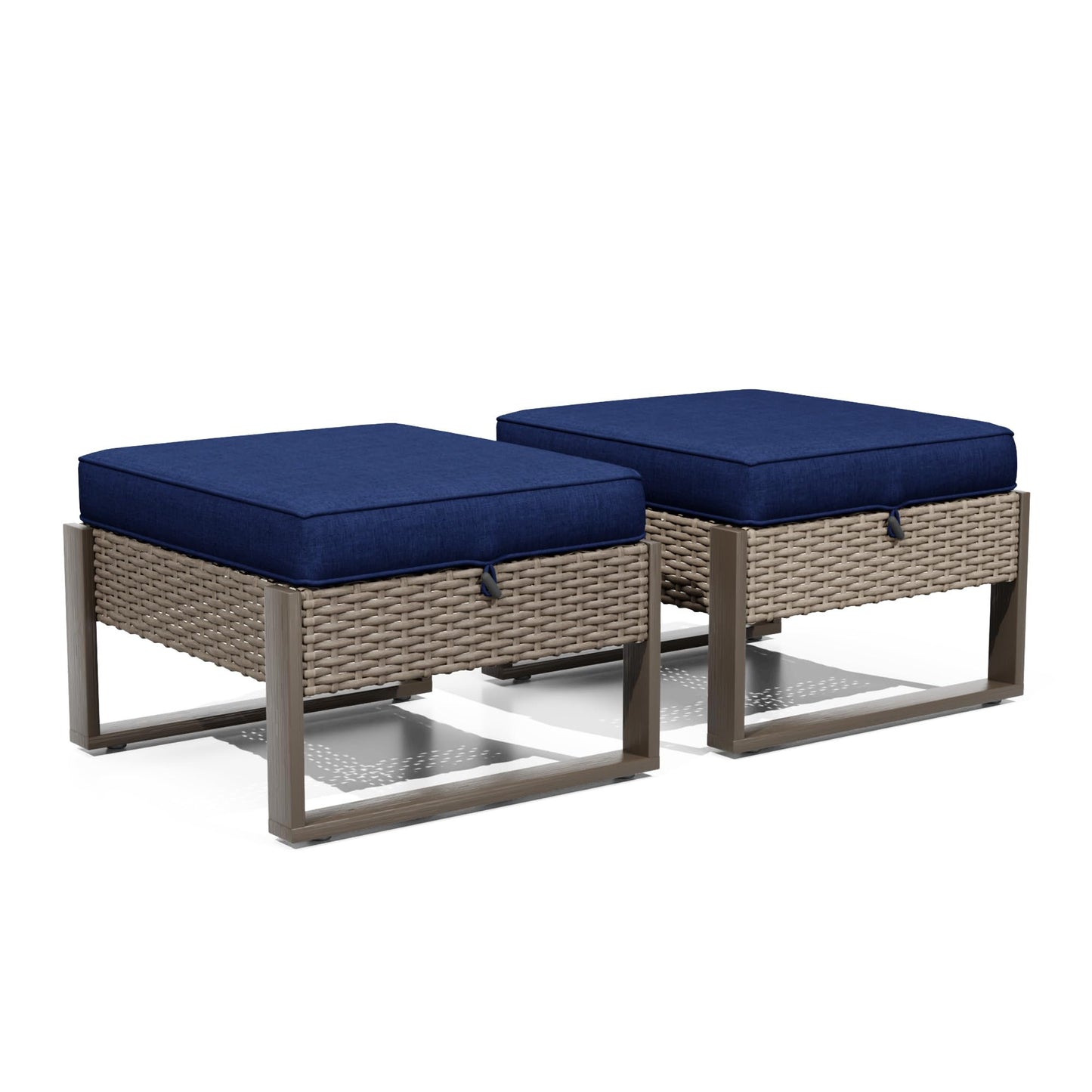 MaxMulti Patio Ottomans Set of 2, Outdoor Wicker Footrest with Thickened Cushions, Multipurpose Metal Patio Furniture for Outdoor, Backyard and Deck Use (Blue)