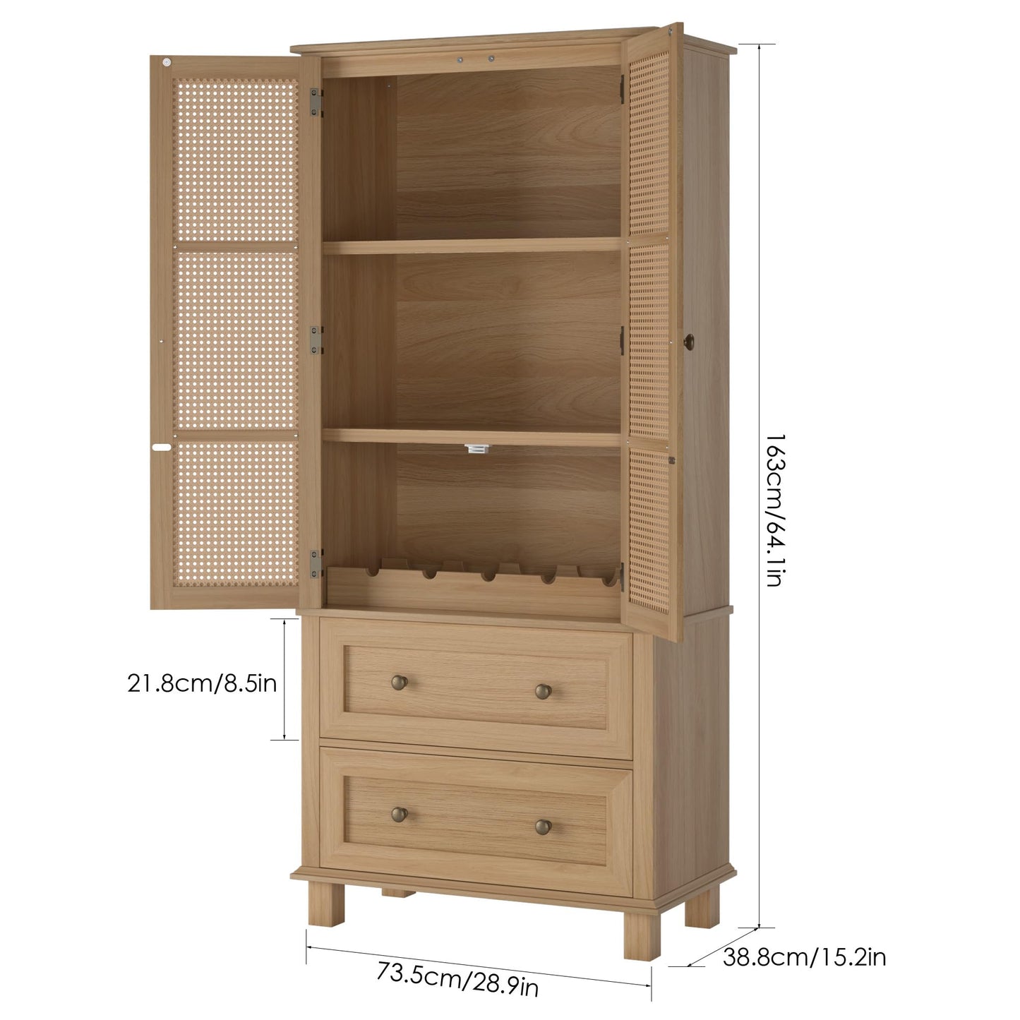 FOTOSOK Kitchen Pantry Storage Cabinet, Tall Cabinet with Rattan Doors and 2 Drawers, Freestanding Cupboard Adjustable Shelves, Utility for Kitchen, Dining Room (AZ-130)