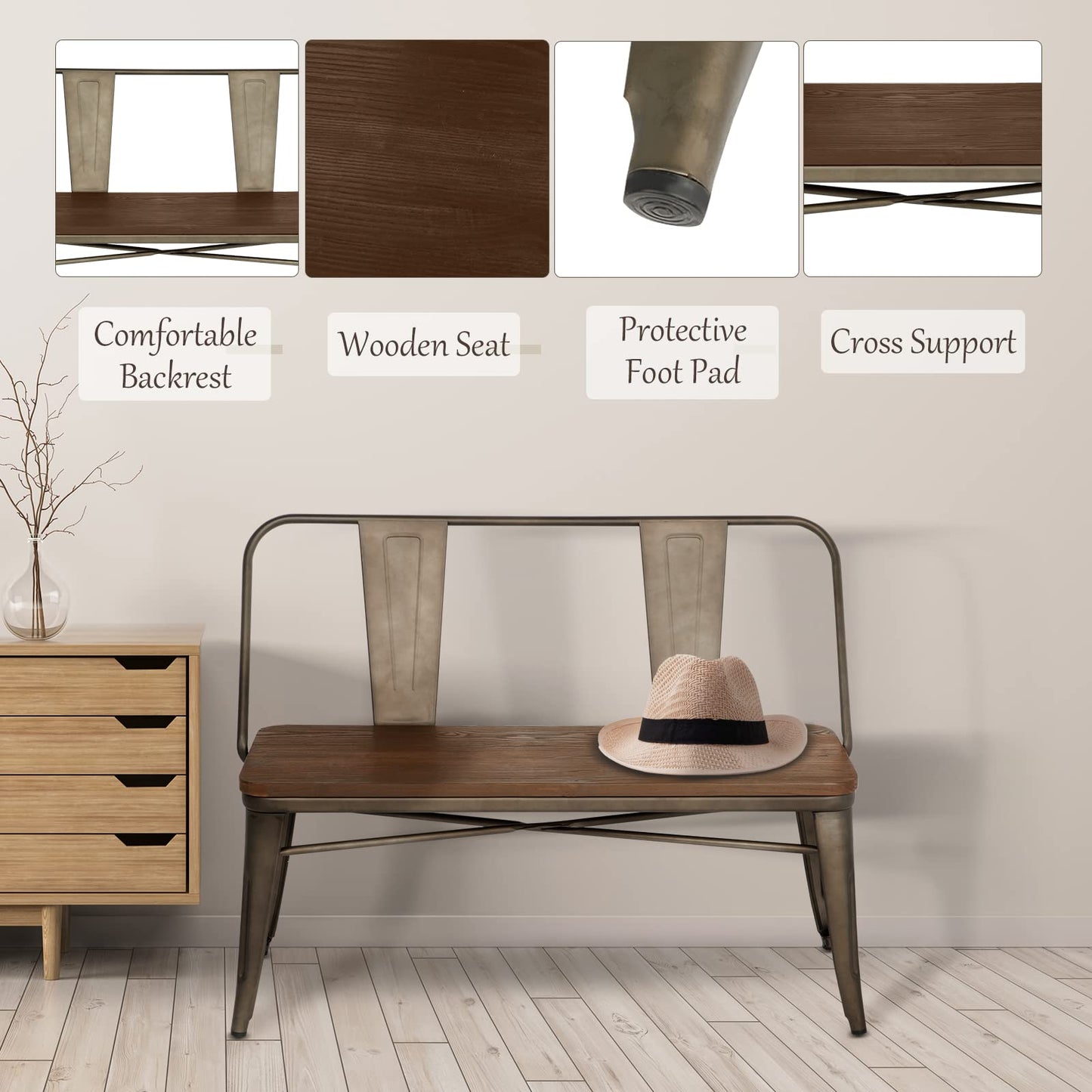 YOLENY Dining Bench, Farmhouse Metal Entryway Chair with Back, Industrial Mid-Century 3 Person Rustic Spindle Bench, with Wood Seat, Removable Backrest, 42in, Bronze