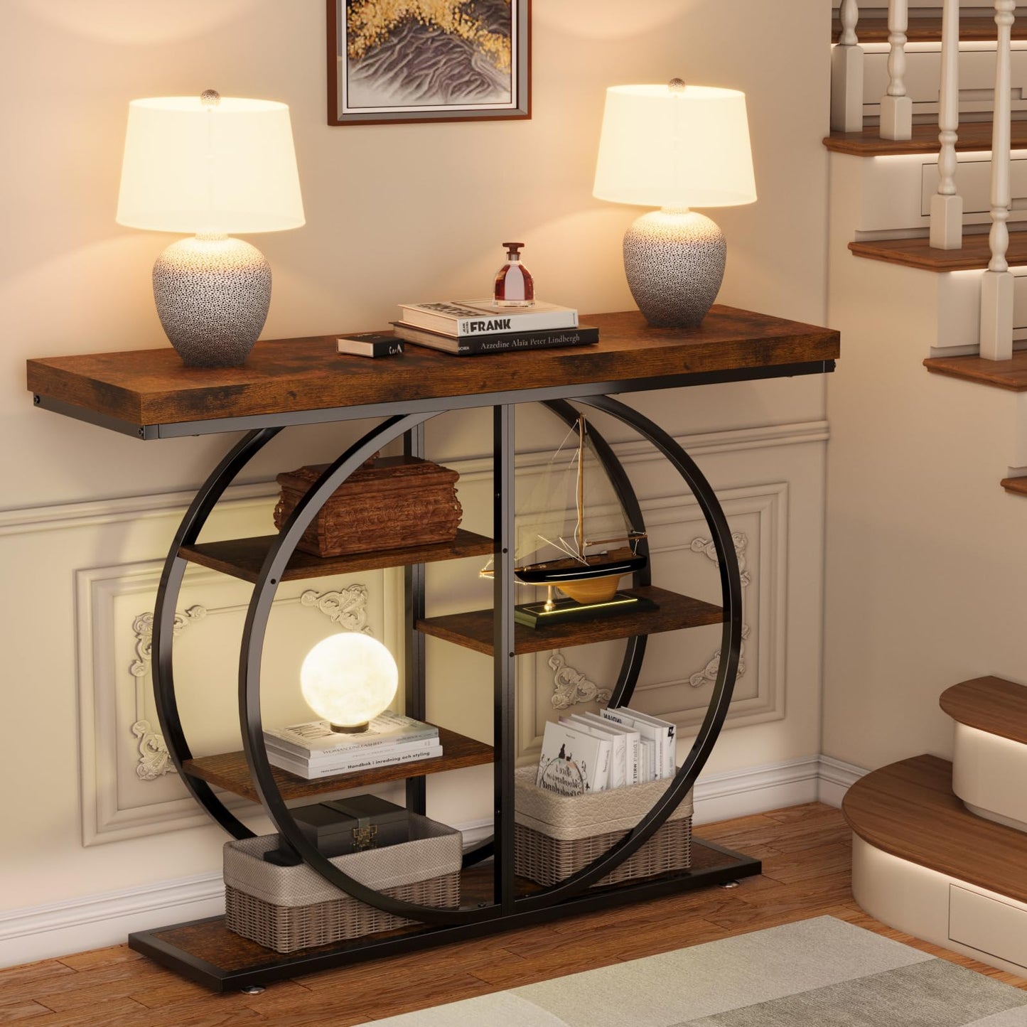 LIFECHOVY 41.3" Console Table for Entryway, Industrial Hallway Sofa Table with Storage Shelves, Narrow Accent Decor Living Room Furniture with Circle Base for Foyer, Entrance, Rustic Brown