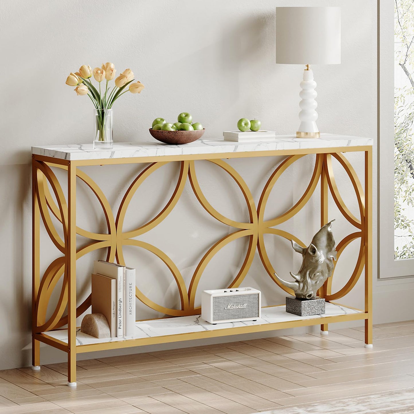 GiftGo Narrow Sofa Table 47.2 Inch, Industrial Sofa Table Behind Couch, Vintage Entry Console Table with Storage for Entryway, Living Room, Foyer, Elegant Design (White and Gold, 47.2)