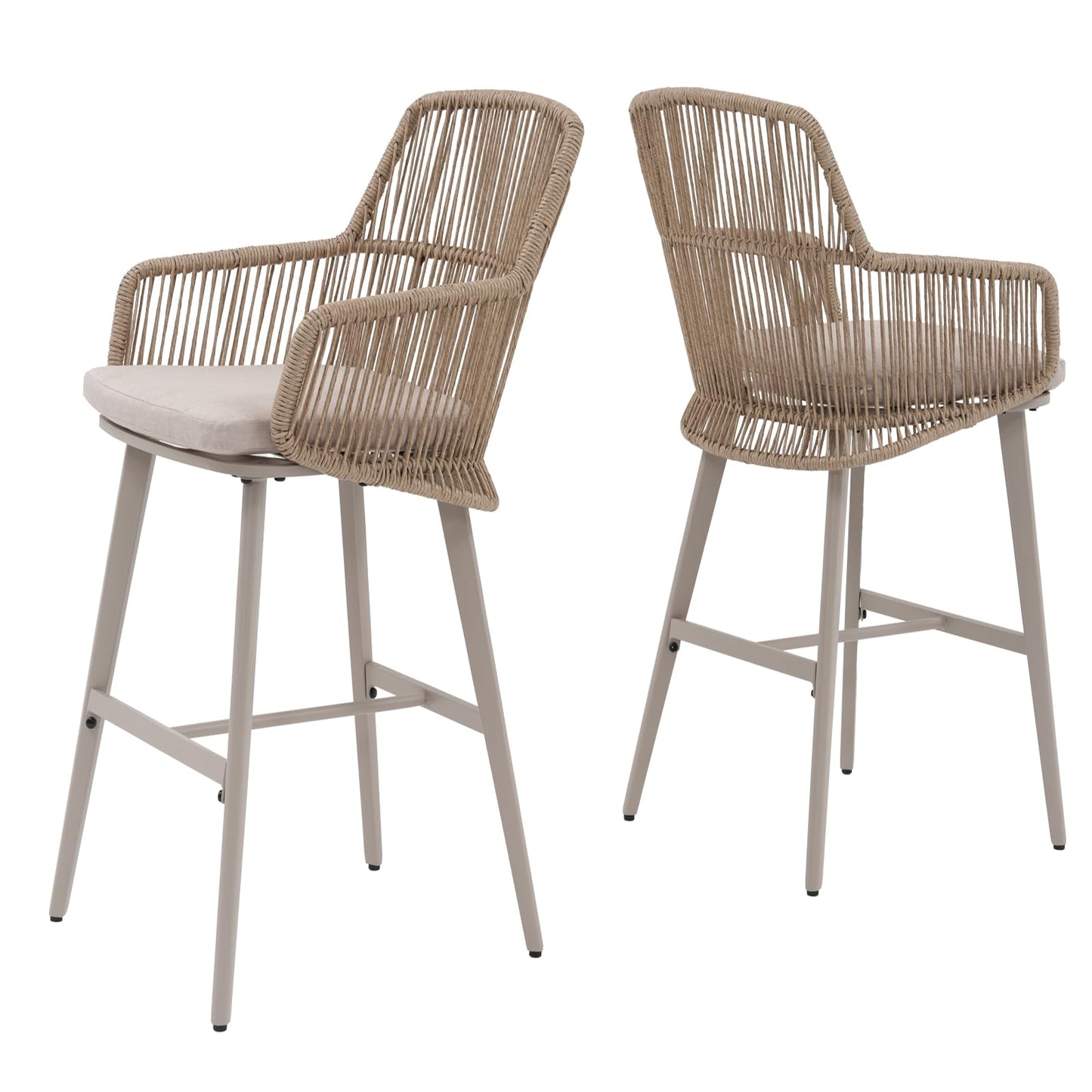 Patiorama Outdoor Bar Stools Set of 2, 46"" Counter Height Bar Stools Chair w/Woven Rope Back and Arm, Patio Metal Modern Wicker Bar Chairs, Rattan Bar Stool for Kitchen Island, Pool, Indoor,Beige