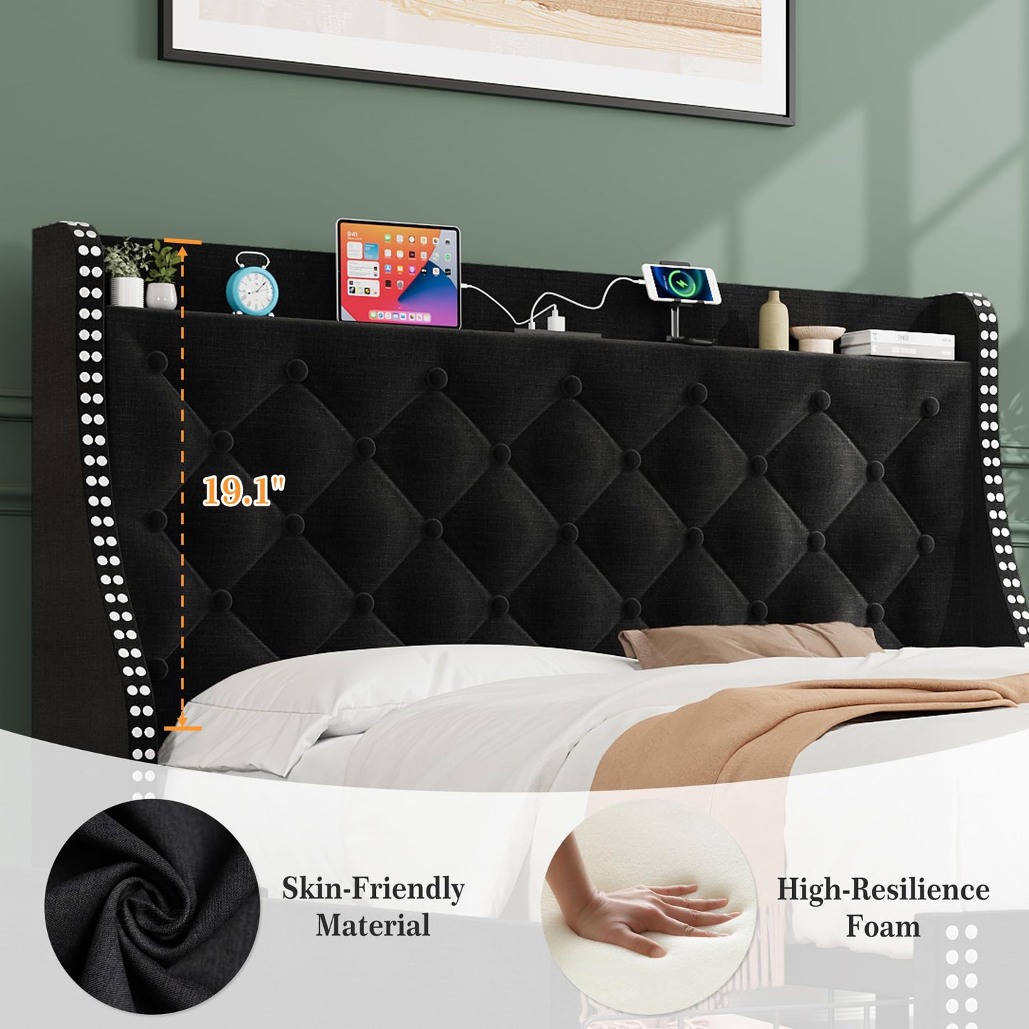 Reljofum Upholstered Queen Bed Frame with 4 Storage Drawers，Wingback Headboard with Charging Station, Diamond Stitched Button Tufted Design, No Box Spring Needed, Black
