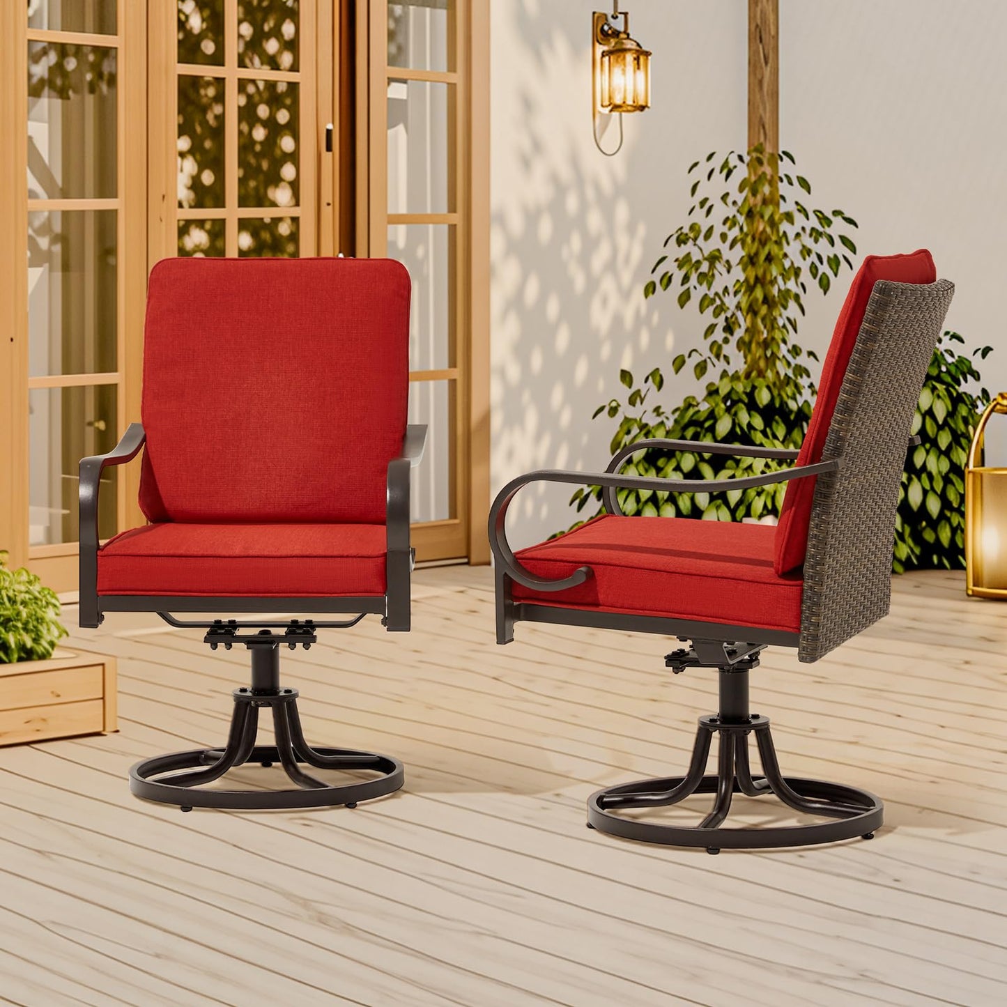 MELLCOM Patio Swivel Chair Set of 2, Outdoor Dining Chairs with Thickened Cushions, Wicker Chairs with Gentle Rocker for Porch, Red