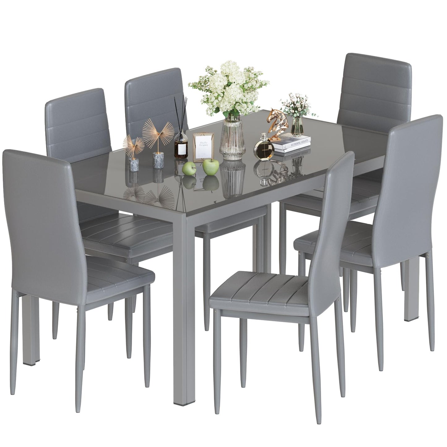 Hooseng Dining Table Set for 6, Tempered Glass Kitchen Table with 6 PU Leather Chairs, 7-Piece Dining Room Sets for Small Space, Dinette, Apartment