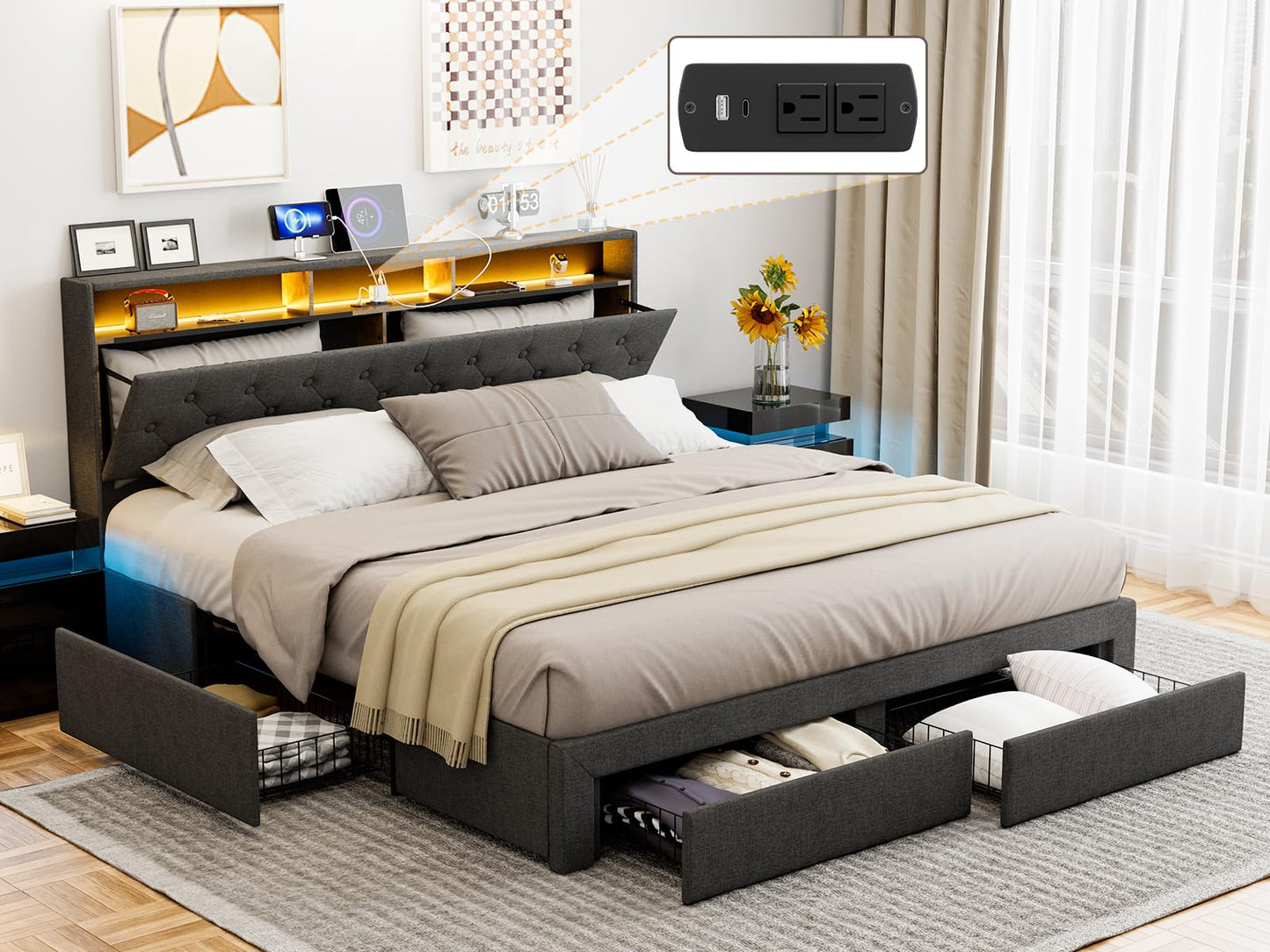 AOVSA King Bed Frame with 4 Drawers, Hidden Storage Headboard with LED Lights and Charging Station, Upholstered Tufted Platform Bed Frame King Size, Noise Free, No Box Spring Needed, Dark Grey
