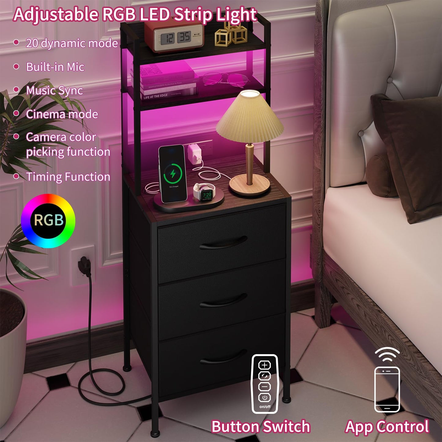 Fixwal 41 Inch Tall Nightstand with Charging Station, Led Night Stand with U-S-B Port & Socket, 3 PU Finished Fabric Storage Drawers, Office, Bedside Table & Bookshelf in One, Black