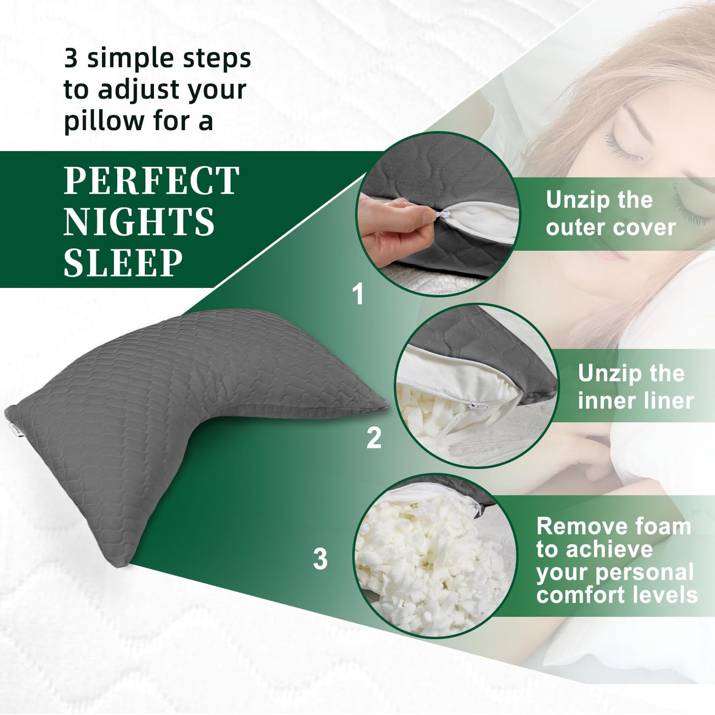 CHxxy Adjustable Side Sleeper Pillow for Neck and Shoulder Reilef, Ergonomic Design Medium Firm Queen Size Bed Pillows, Cross Cut Memory Foam Pillows for Back, Stomach and Side Sleepers