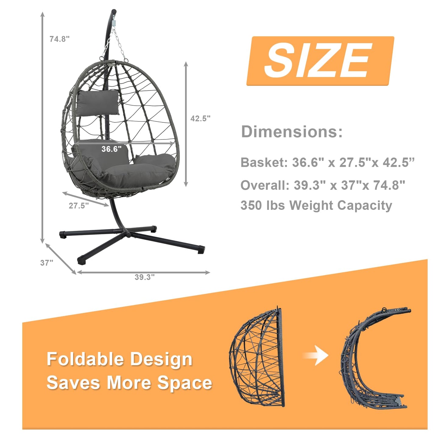 Hanging Egg Chair with Stand Egg Chair Indoor Outdoor, Patio Swing Hammock Egg Chairs, UV Resistant Removable &Washable Thicken Padded Cushions, 350LBS Capacity for Bedroom, Balcony, Garden, Dark Grey