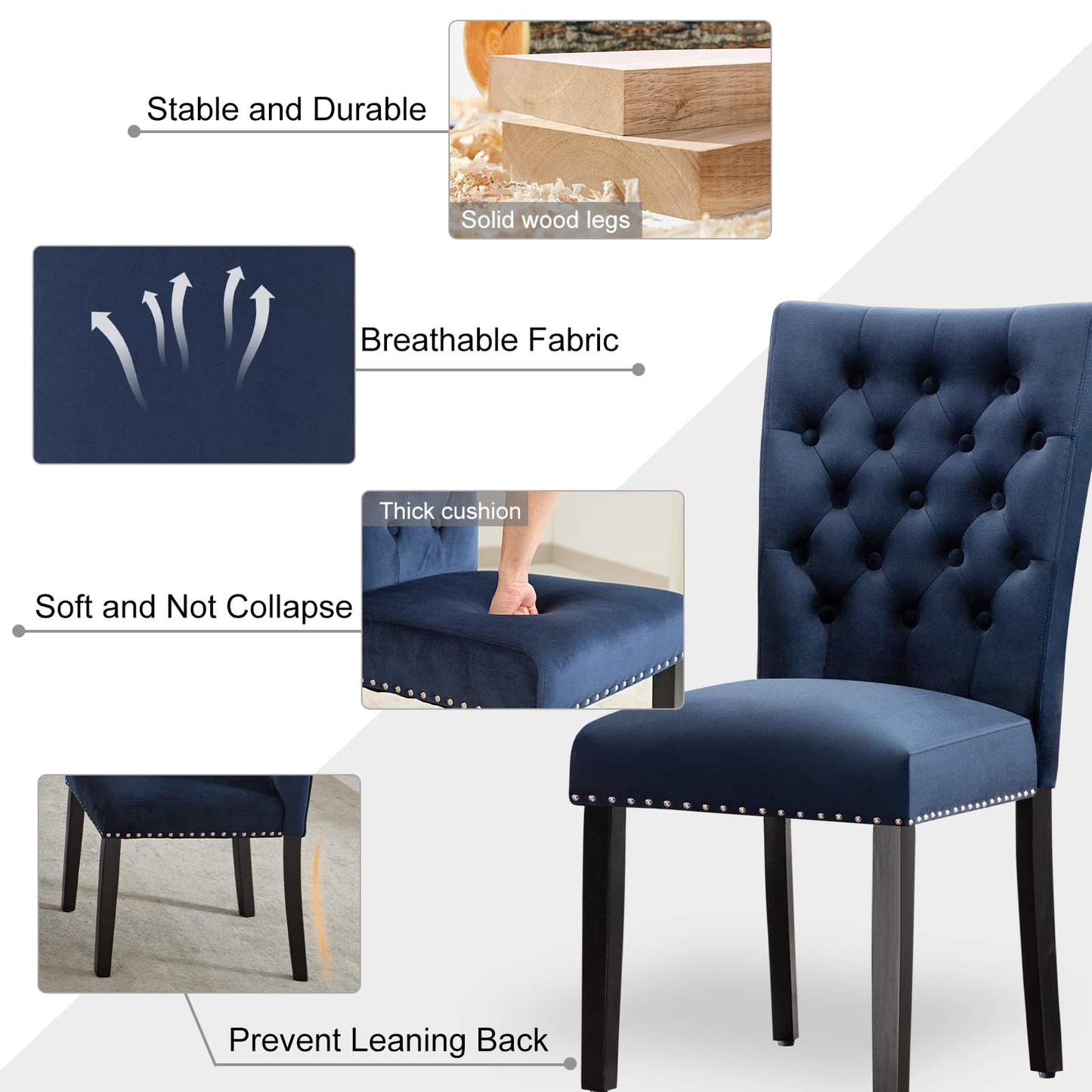 adochr Velvet Dining Kitchen Chair Set of 6, Parsons Upholstered Dining Room Chair, Wood Accent Chair with Nailed Trim, Blue