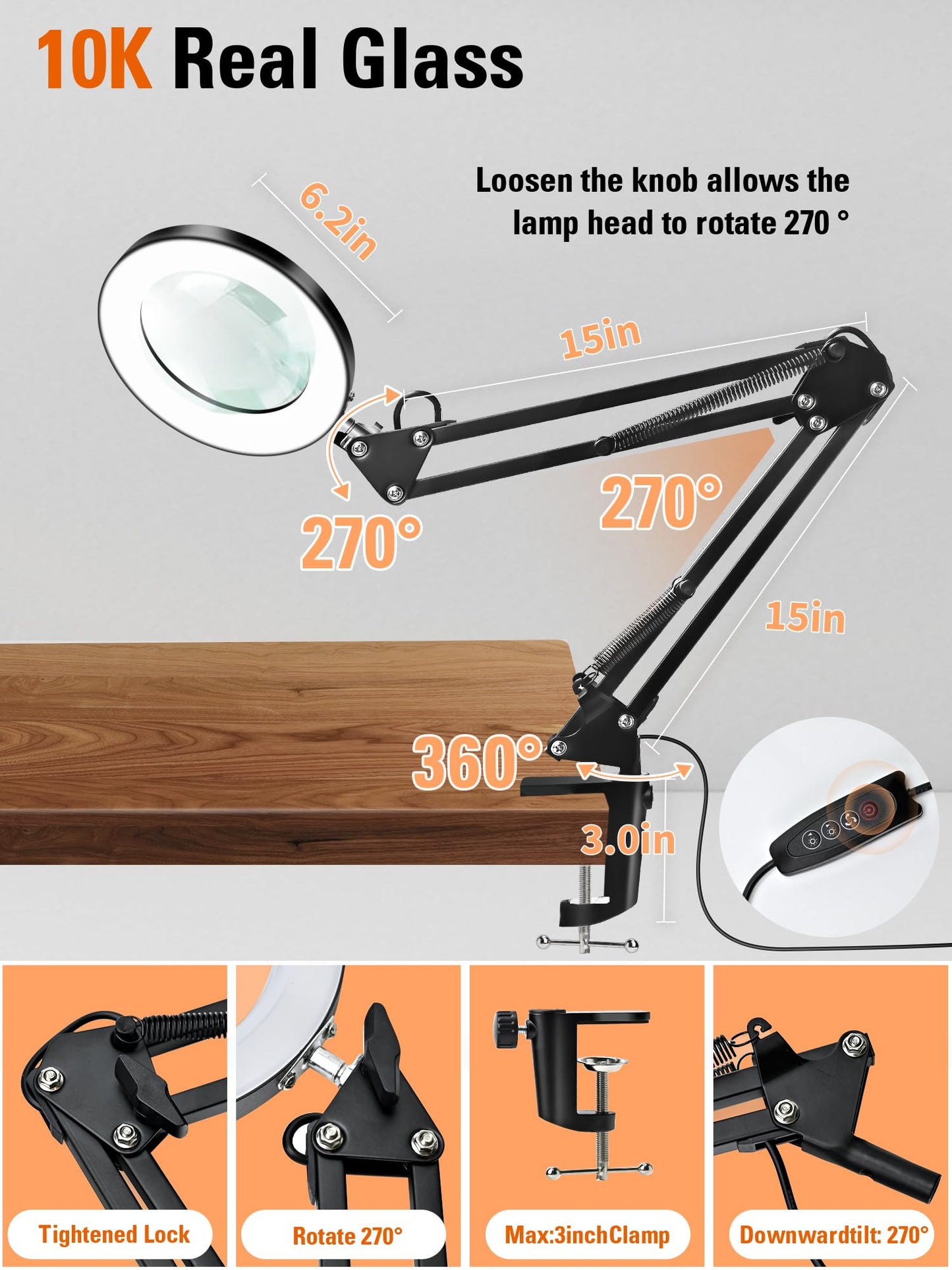 qlying 10X Magnifying Glass with Light and Clamp, Real Glass Lens Magnifier Lamp with 3 Color Modes & 270° LED Light, Dimmable Hands-Free Desk Clamp Lamp for Crafts, Reading, Painting, Repairing