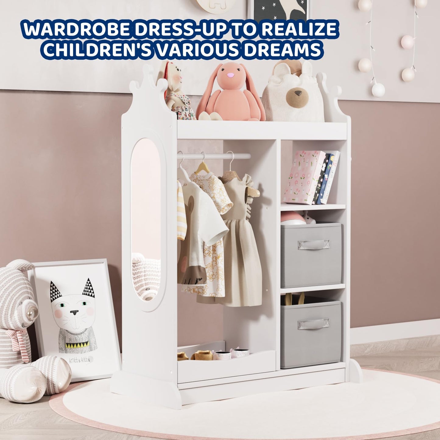 KIDINIX Kids Wardrobe with Mirror, Open Dress Up Storage Kids Armoire Wardrobe with 3 Tier Storage Shelf,2 Fabric Storage,Shoe Rack, Kids Dress Up Rack for Coats, Dance Costume, Hats, Shoes,White
