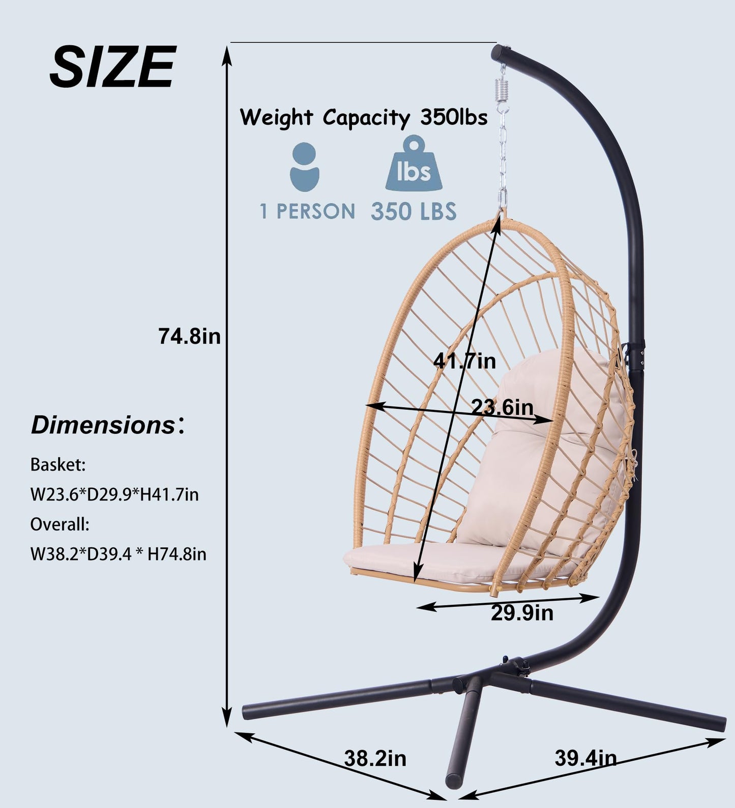 Topfuca Indoor/Outdoor Egg Hanging Chair with Stand - Patio Wicker Swing Hammock Chair. 350lbs Capacity, Cushioned. Ideal for Bedroom, Balcony, Porch, Garden. Versatile Swing Chair for All Spaces