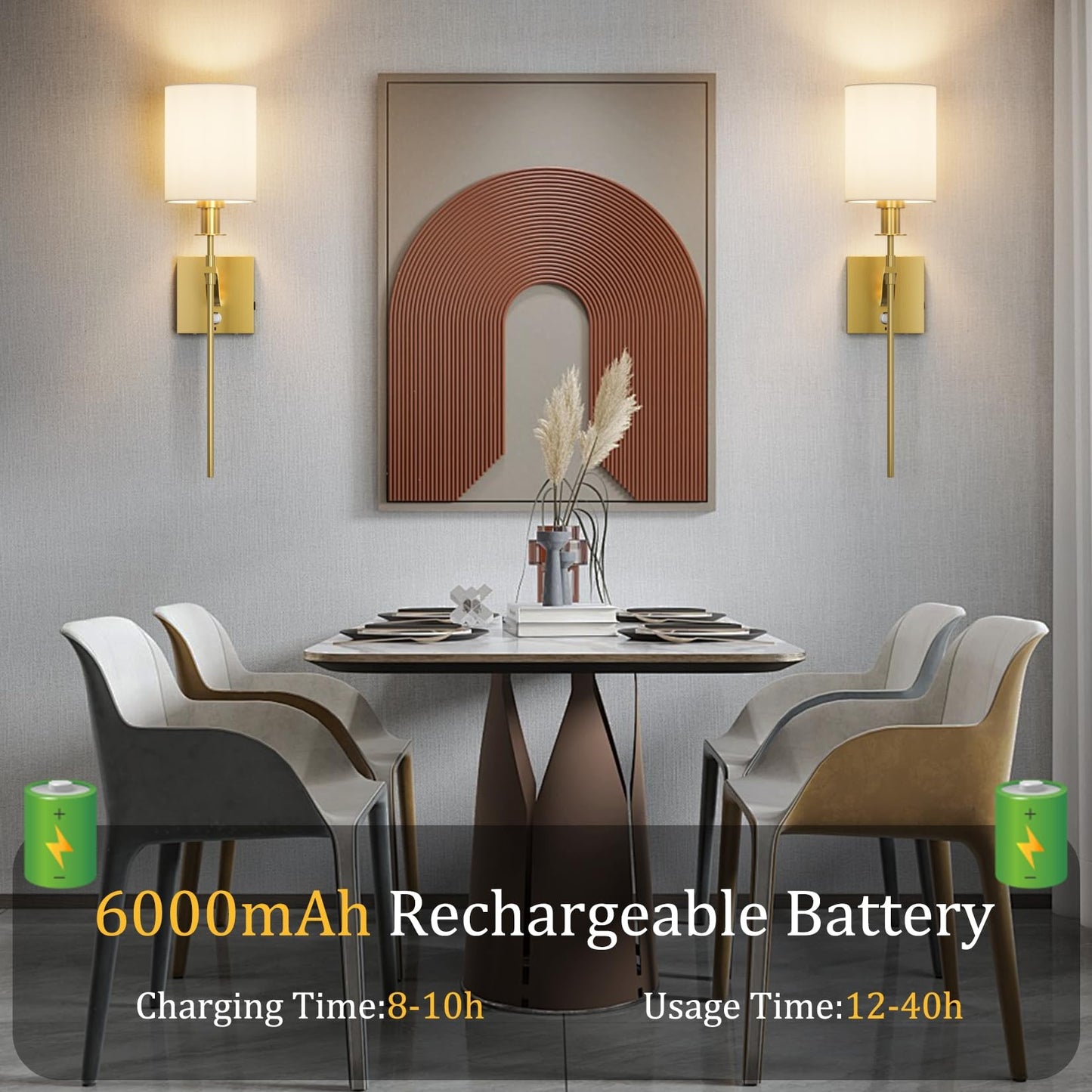 Coinmit Battery Operated Wall Sconces Set of Two,Cordless Dimmable 6000mAh Rechargeable Wireless Wall Light Indoor with Remote Control for Bedroom(Bulb Included)