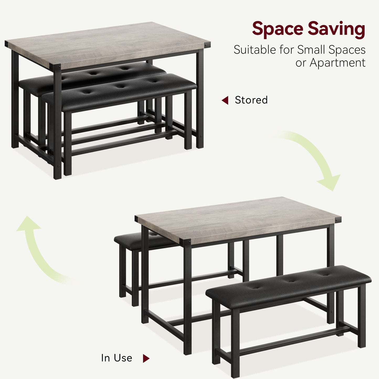 GAOMON Dining Table Set for 4, Kitchen Table with Benches, Rectangular Dining Room Table Set with 2 Upholstered Benches, 3 Piece Kitchen Table Set for Small Space, Apartment, Studio, Retro Grey