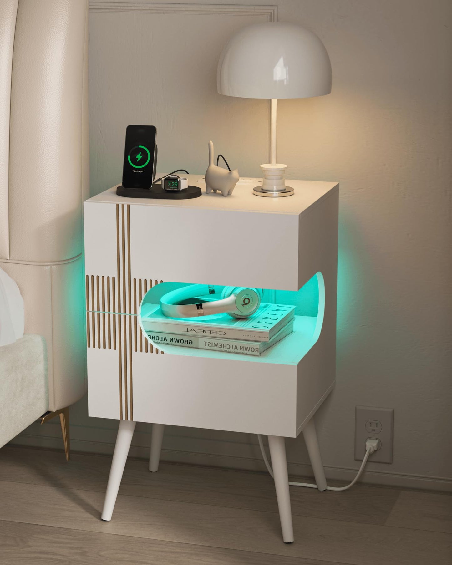 JOONEE White Nightstand with Charging Station and LED Lights,Modern Bedside Table with 2 Storage Drawer,Night Stand with Solid Wood Legs,White (White-2)