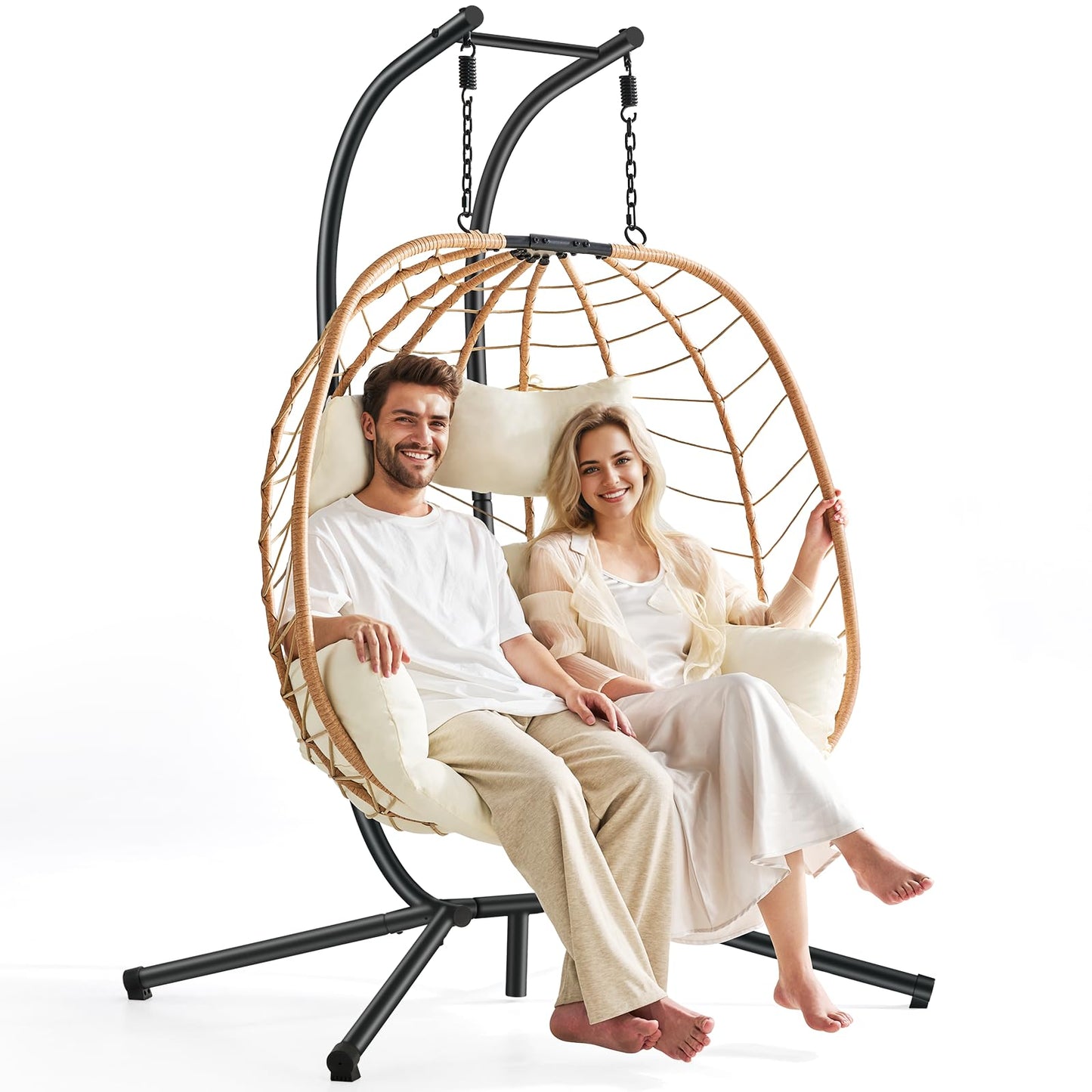 ONBRILL Double Egg Chair with Stand, Indoor Outdoor 2 Person Hammock Swing Chair with Cushions & Headrest, 650LBS Capacity Hanging Loveseat for Patio, Bedroom, Garden, Balcony (Yellow-Beige)