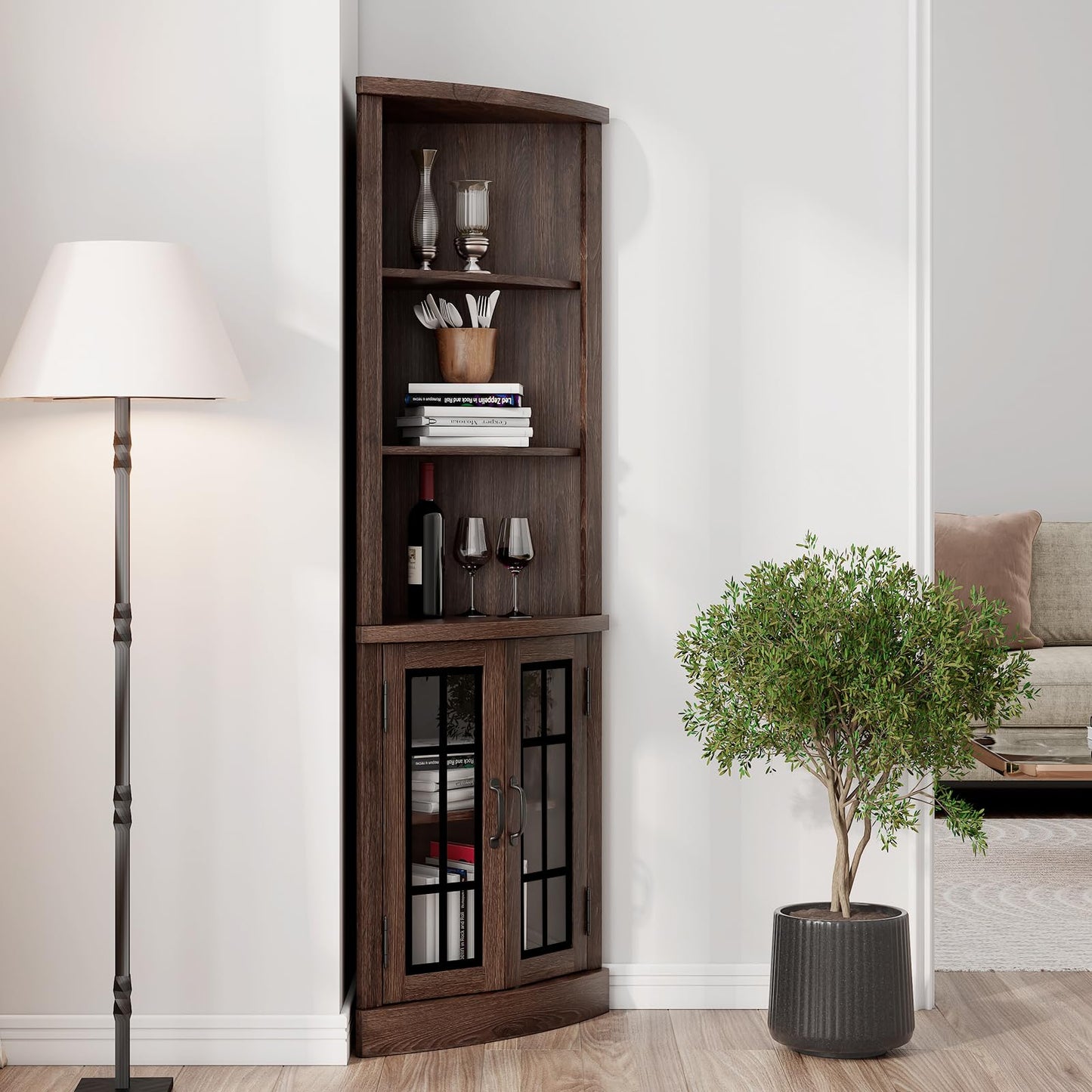 AMERLIFE Curved Corner Storage Cabinet, 65" Tall Freestanding Bookcase with Glass Doors & Adjustable Shelves, 5-Tier Corner Display Cabinet for Living Room, Bathroom, Laundry Room, Espresso