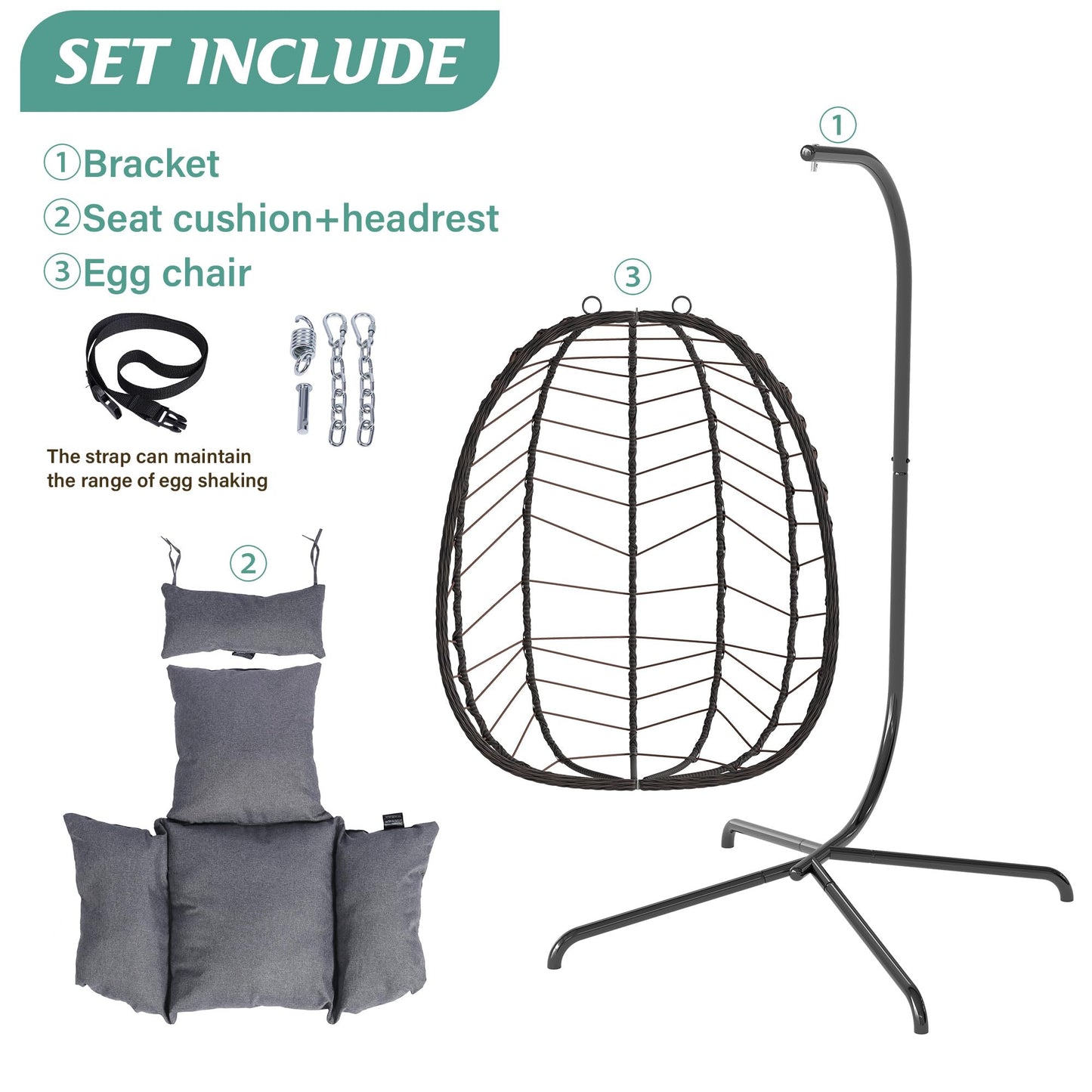 LEX CRAFT Hanging Egg Chair with Stand, Swinging Egg Chair Outdoor Indoor, Hanging Basket Chair with Cushion, Patio Wicker Hammock Chair 350lbs Capacity for Bedroom, Balcony, Backyard, Garden (Grey)