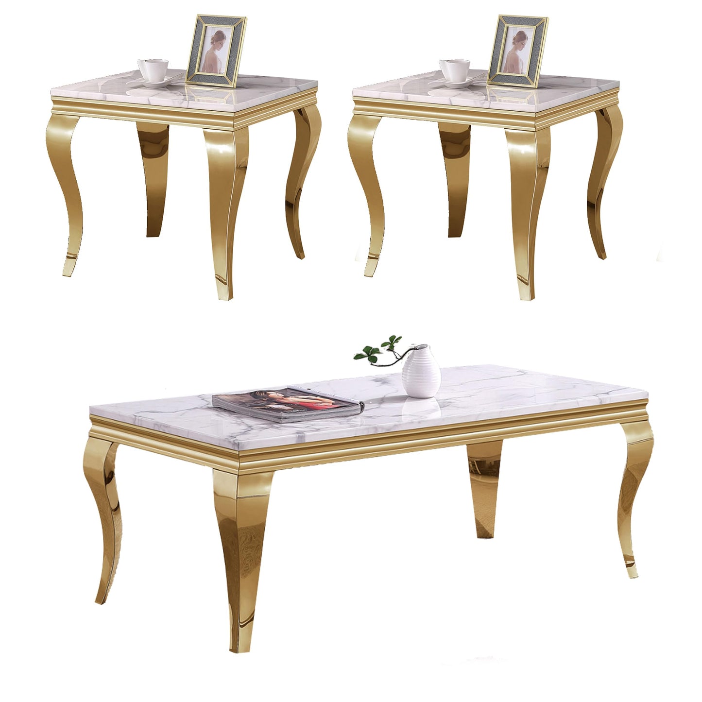 SSLine Modern 3 Piece Living Room Table Set, Includes 1 Coffee Table & 2 End Tables, Luxury Faux Marble Coffee End Table Set with S-Shape Stainless Steel Legs (White Marble& Gold3)