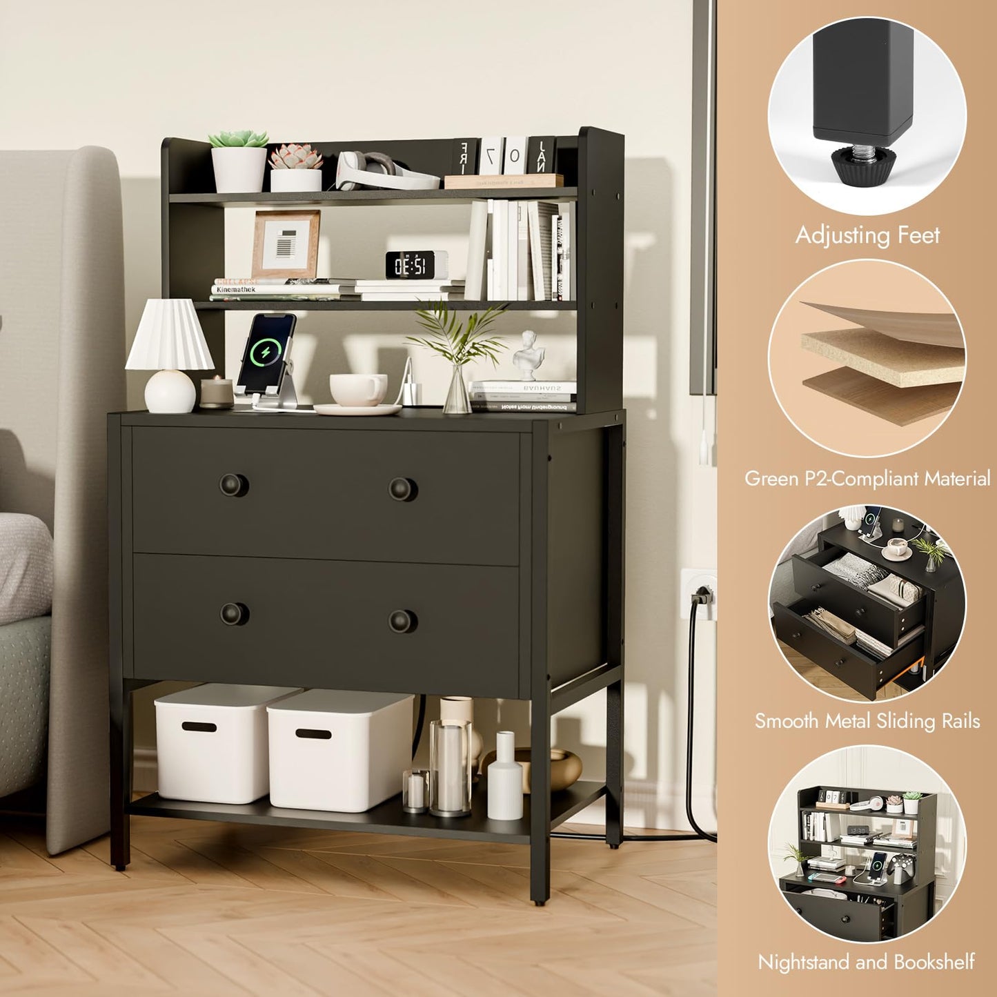 PATAVOT 24 Inch Wide Night Stand, Large Wooden Night Stand with 2 Adjustable Drawes, Tall Nightstand with 4-Tier Shelves and Charging Station, Bedside Table for Living Room/Bedroom/Office, Black.