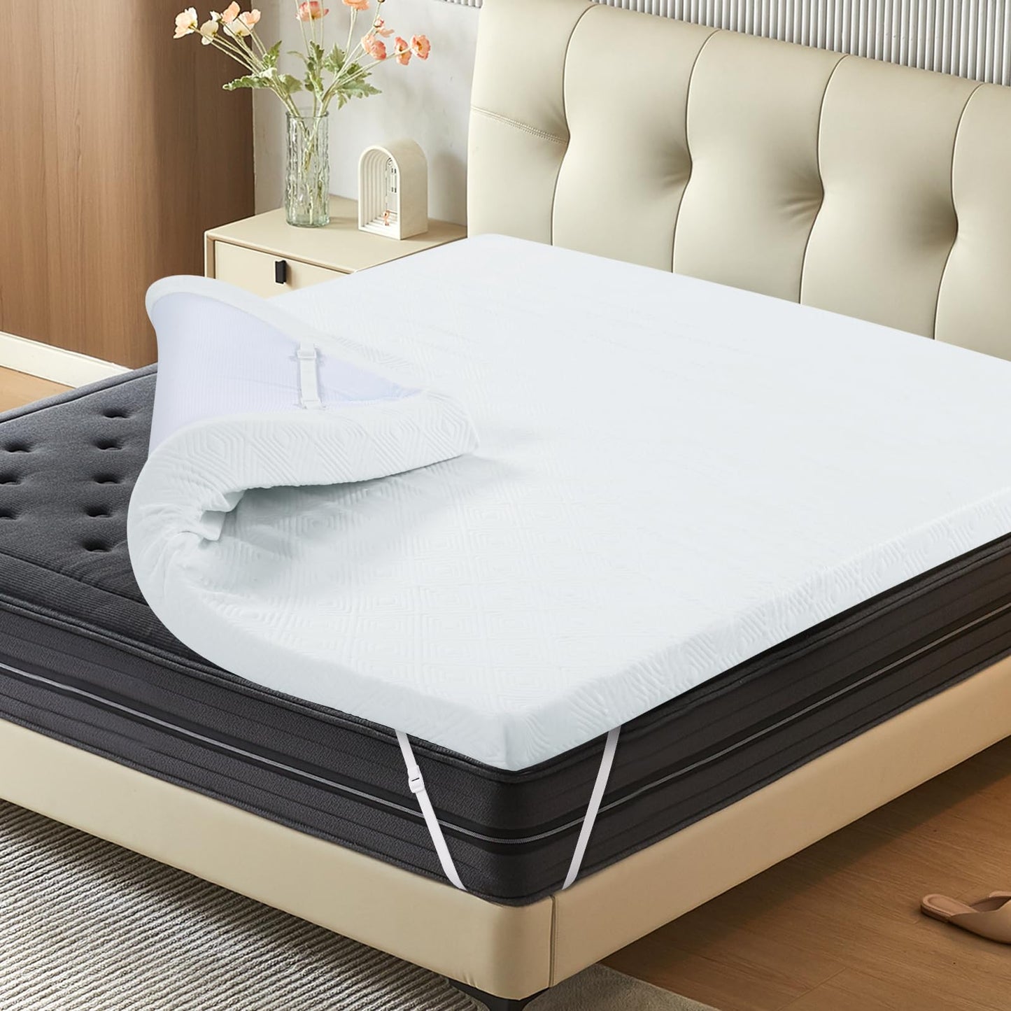 Susalt 3 Inch Queen Memory Foam Mattress Topper, Bamboo Fiber Washable Cover, Gel Mattress Topper Pressure Relief Bed Topper, Adjustable Corner Straps, CertiPUR-US Certified