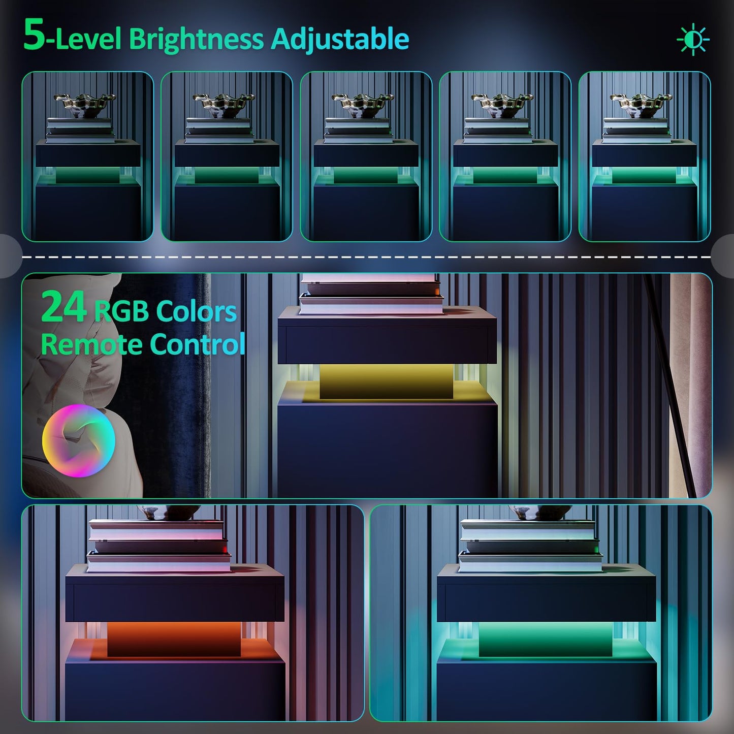 MXV Nightstand Set of 2 with LED Lights,Night Stand with Storage Cabinet for Bedroom,Bedside Table with LED (Black, 17.7" / Set of 2)