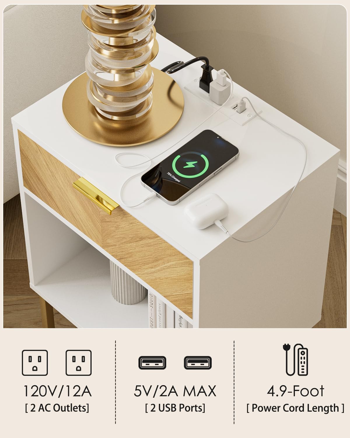 Acodaiuy Nightstand with Charging Station, Boho Night Stand with Drawer Wood Farmhouse Bedside Table with Storage, End Side Accent Table for Bedroom,Living Room,White