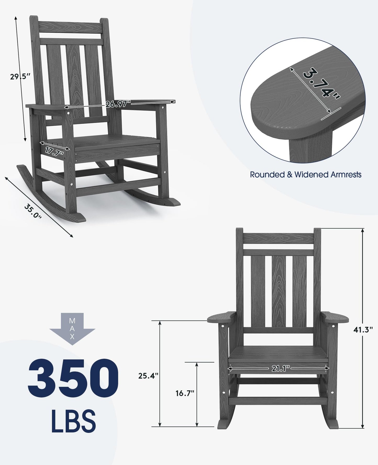 KINGYES Oversized Outdoor Rocking Chairs Set of 2, Grey