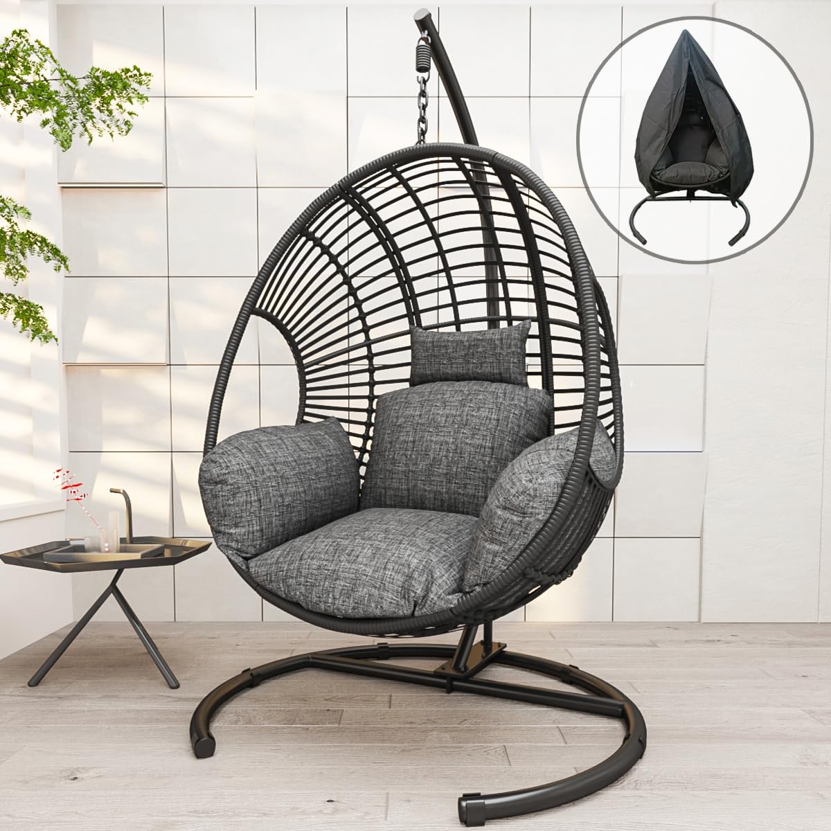 Hanging Egg Chair with Stand - Egg Swing Chair Outdoor Indoor Patio Wicker Chair Swing Hammock Egg Chairs 400lbs Capacity for Outside Patio, Bedroom, Garden and Balcony（Black）