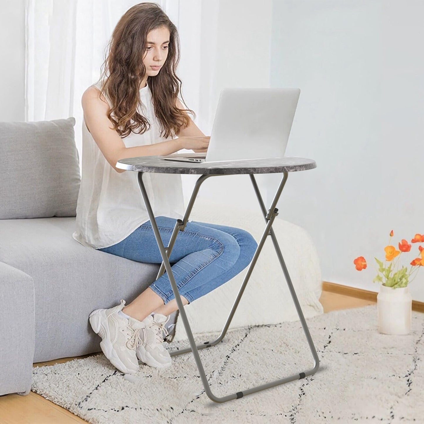 Fleecy day Folding Round TV Tray Table Set of 4, TV Dinner Table with Sturdy MDF Top, Eating Trays for Living Room with No Assembly Required, 17.5 x 17.5 x 26 in (Black Marble, 4Pcs)