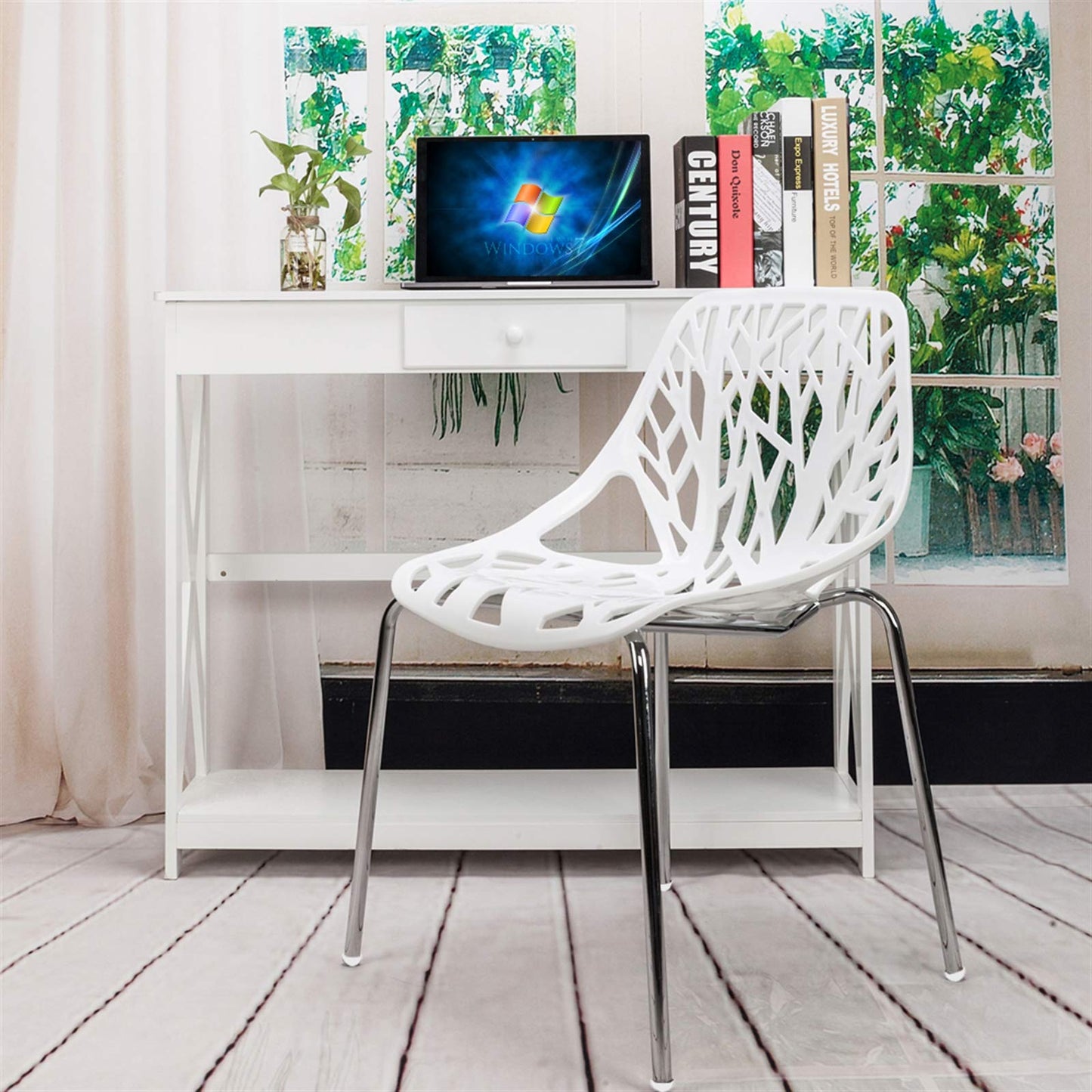Karl home Mid Century Modern Dining Chairs Set of 4, Stackable Plastic Chair, Bird's Nest Trunk Pattern Suitable for Kitchen, Dining, Bedroom, Living Room,350lbs Capacity(White)
