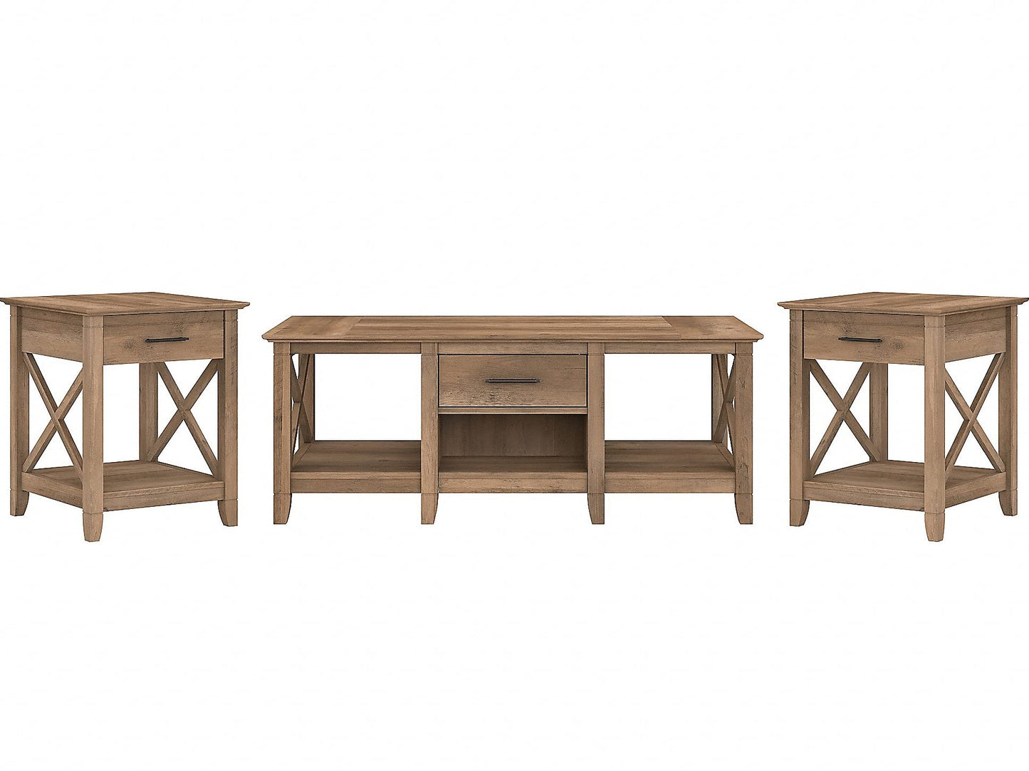 Bush Furniture Key West Coffee Table with Set of 2 End Tables in Reclaimed Pine