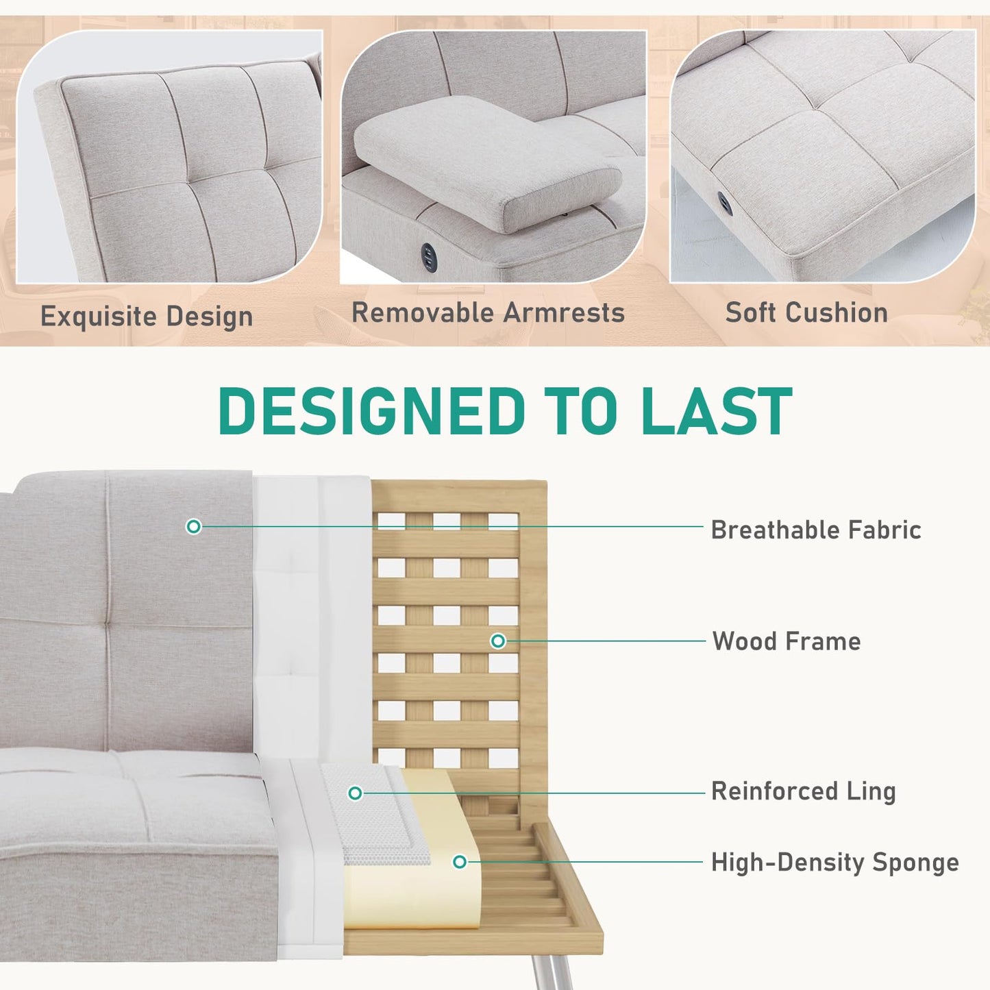 HAOMARKETS Convertible Futon Sofa Bed with USB Charging Port, Modern Linen Loveseat with Removable Armrests and 2 Cup Holders, Adjustable Folding Sleeper Couch for Small Spaces, Living Room, White