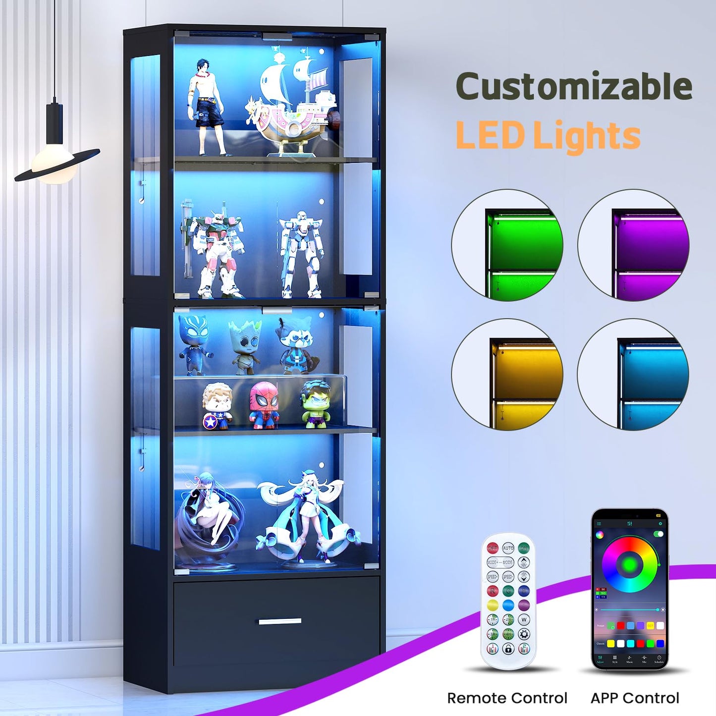 Lamtor Display Cabinet with Glass Doors - 67" Curio Cabinet with RGB LED Lights and Drawer for Collectibles, 4 Tier Glass Display Case for Living Room, Office, Black(Narrow)