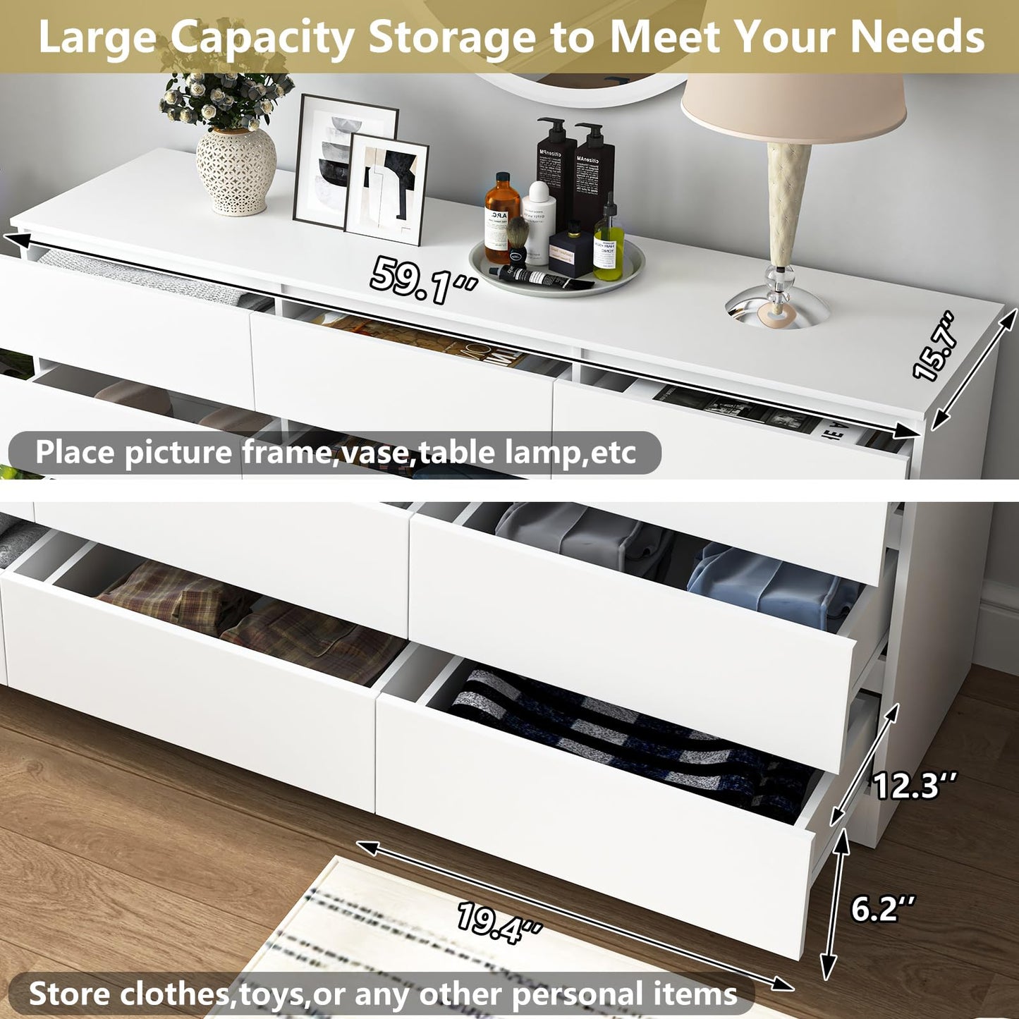 CIPACHO White Dresser for Bedroom,Modern Long 12 Drawer Dresser with Deep Drawer,Wood Storage Chest of Drawer, Bedroom Storage Organizer,TV Stand for Living Room