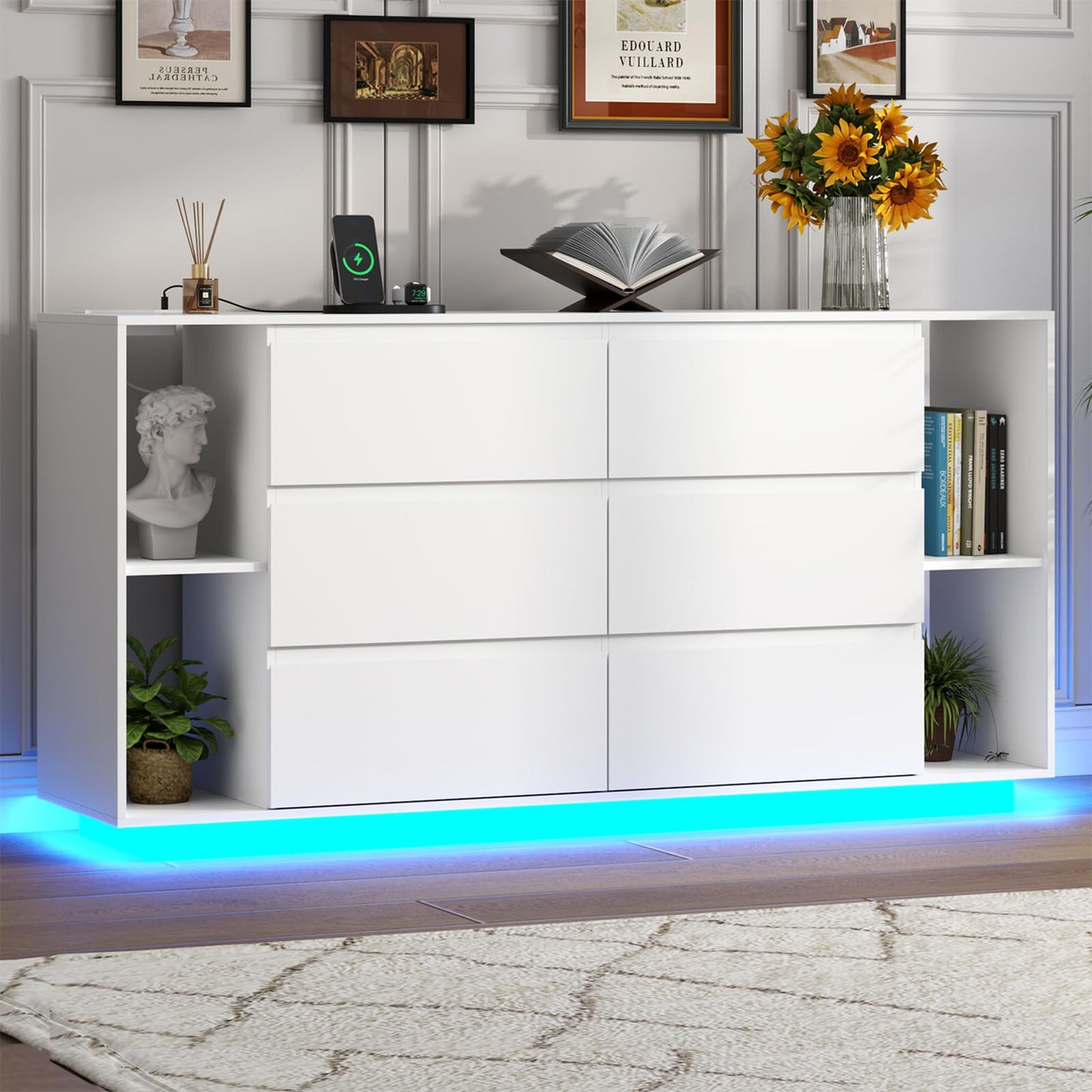 Gyfimioe 6 Drawer Dresser with Power Outlet, Floating White Dresser Chest of Drawer with LED Light,Modern Double Wide Drawer Organizer Cabinet for Bedroom,Living Room (6 Drawer-White)