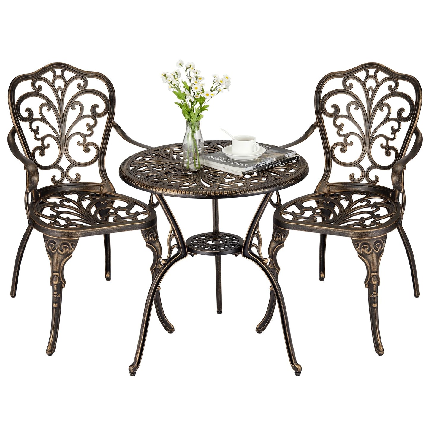 ELETHEBIA 3 Piece Bistro Set, Outdoor Bistro Table and Chairs Set of 2, Rust-Resistant Cast Aluminum All Weather Patio Outdoor Bistro Set with Umbrella Hole for Backyard, Balcony, Front Porch, Brown