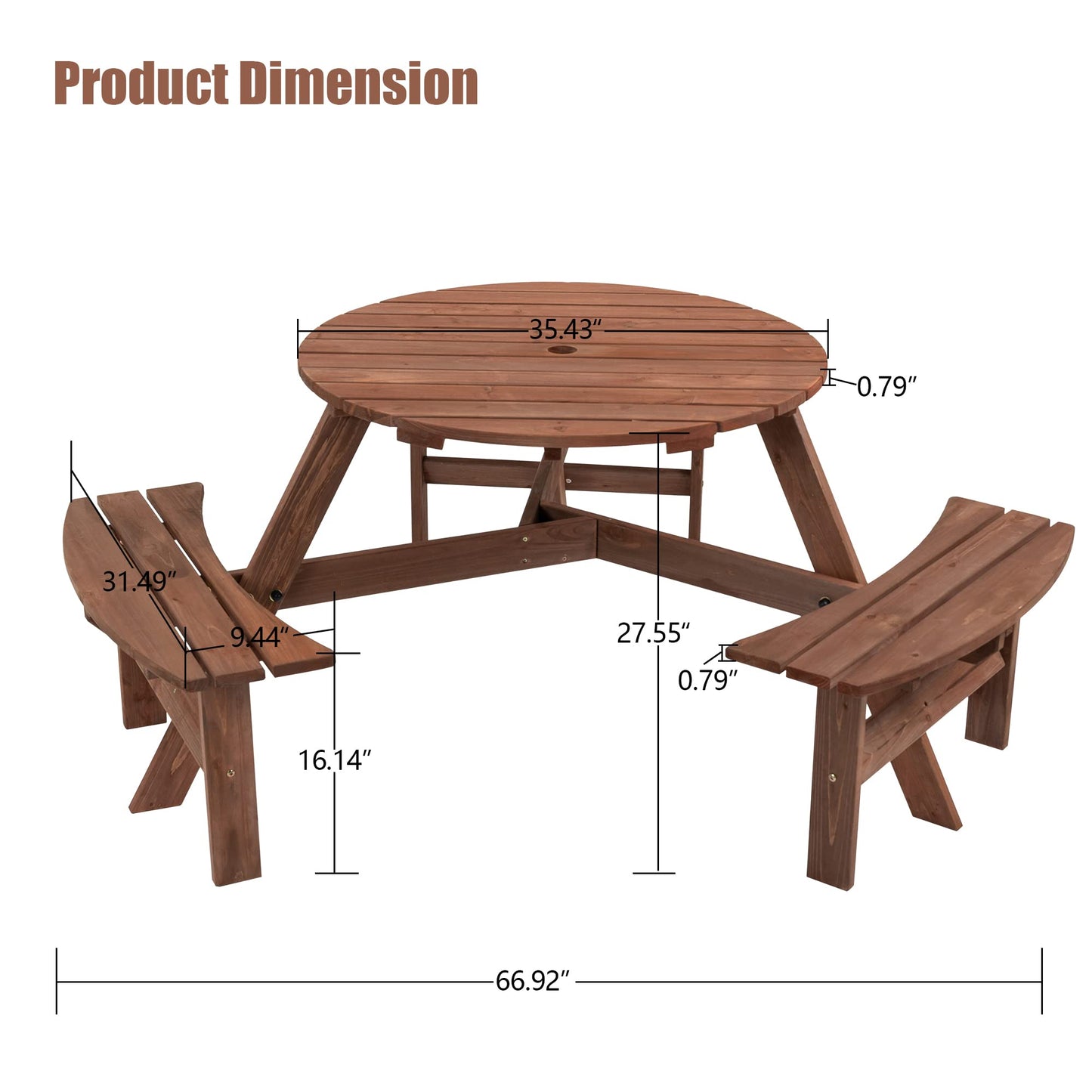 DOPERFE 6-Person Outdoor Round Wooden Picnic Table with 3 Built-in Benches, Outdoor Dining Set with Umbrella Holes, 1720 lb. Weight Capacity for Garden, Lawn, Patio (Brown, 66.92"*66.92"*27.55")