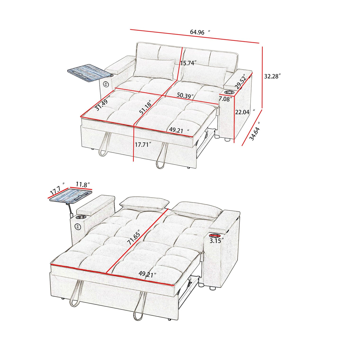 hansones 65'' 3-in-1 Folding Convertible Sofa Bed, Pullout Sofa, Modern Chenille Fabric, 360° Swivel Side Table, Easy Assembly, Perfect for Living Room, Black