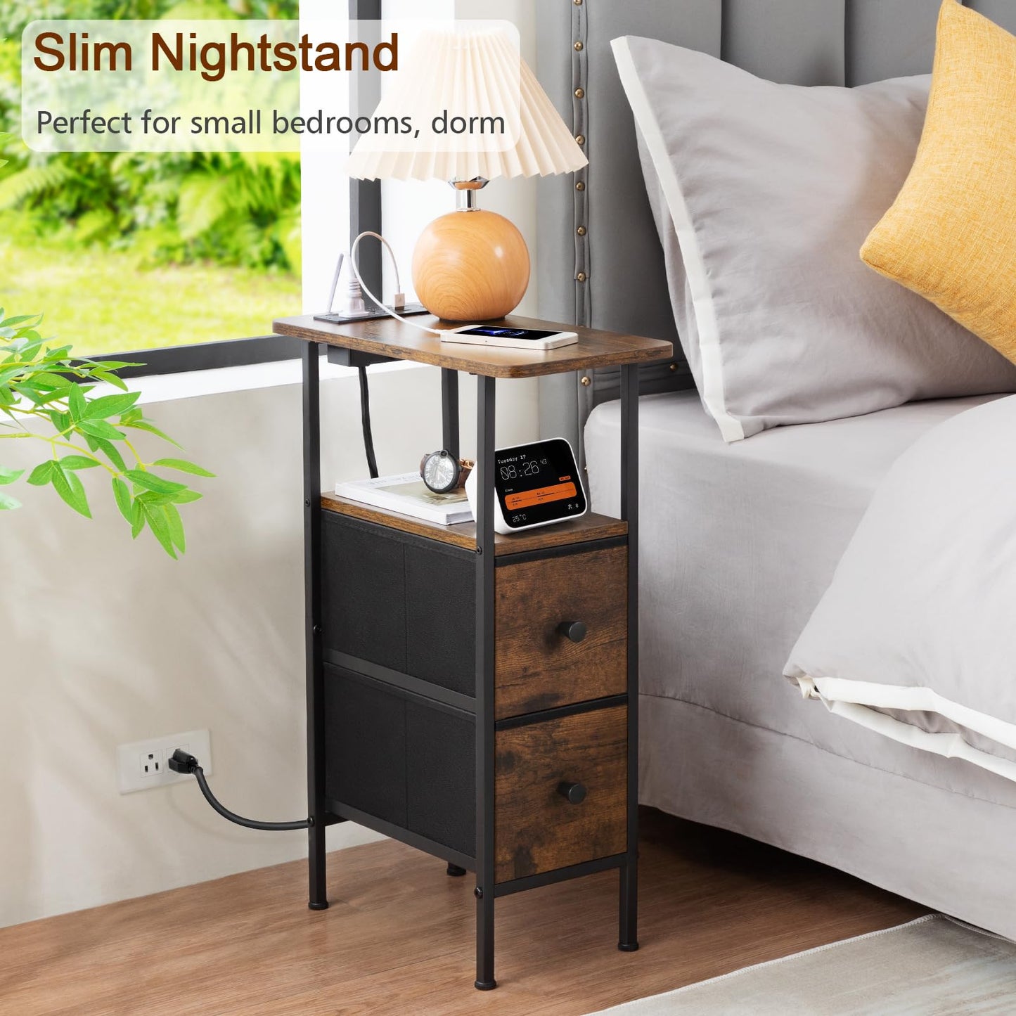 LOAKEKEL Narrow End Tables Living Room Set of 2 with Charging Station, Skinny Side Table with Fabric Drawers, Slim Nightstand for Bedroom, Small Spaces, Couch, Brown, HETNDP02BR