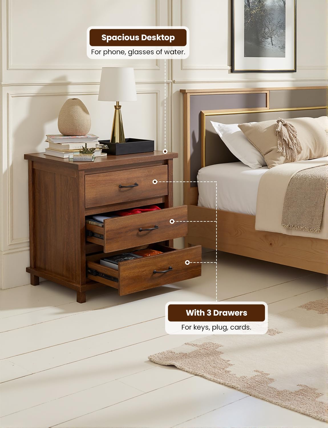 Miscoos Night Stand Set 2, Wooden End Table, Rustic Night Stands for Bedrooms Set of 2, Tall Bedside Table with Drawers for Bedroom, Home Office