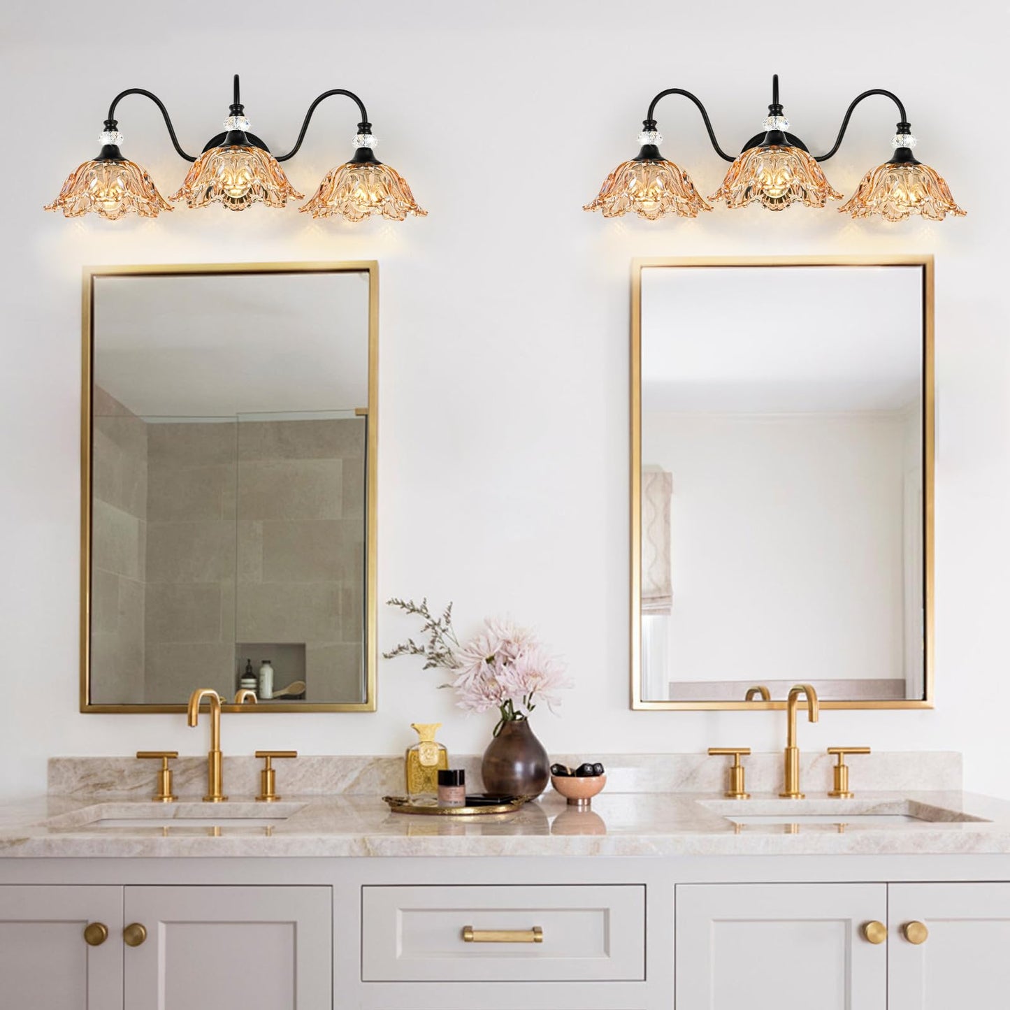 sunkryster Black Bathroom Vanity Light,3-Light Vanity Light with Floral Amber Glass Shades,Vintage Farmhouse Wall Mount Lighting for Bathroom, Dressing Table