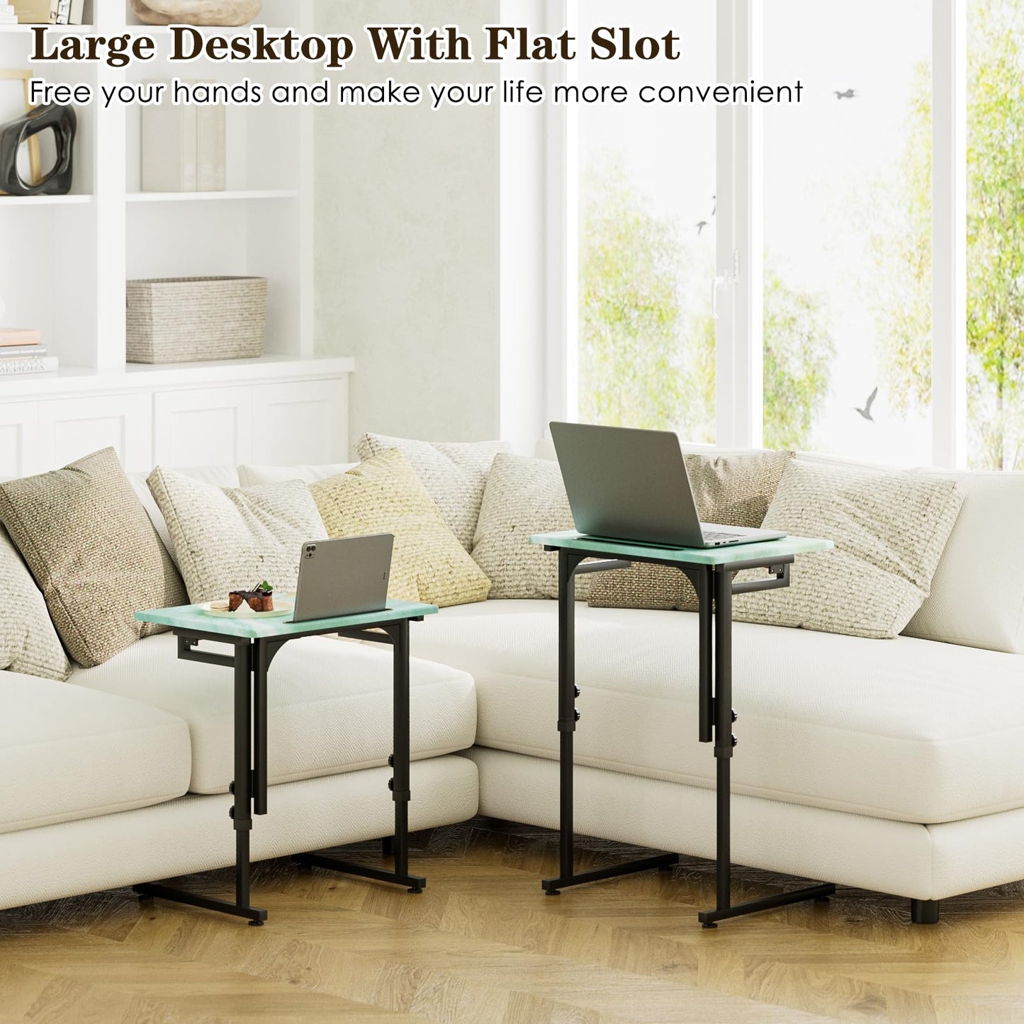 Fleecy day Folding TV Tray Table,Adjustable TV Dinner Table with Sturdy MDF Top,Eating Trays for Living Room with No Assembly Required (Sea Blue)