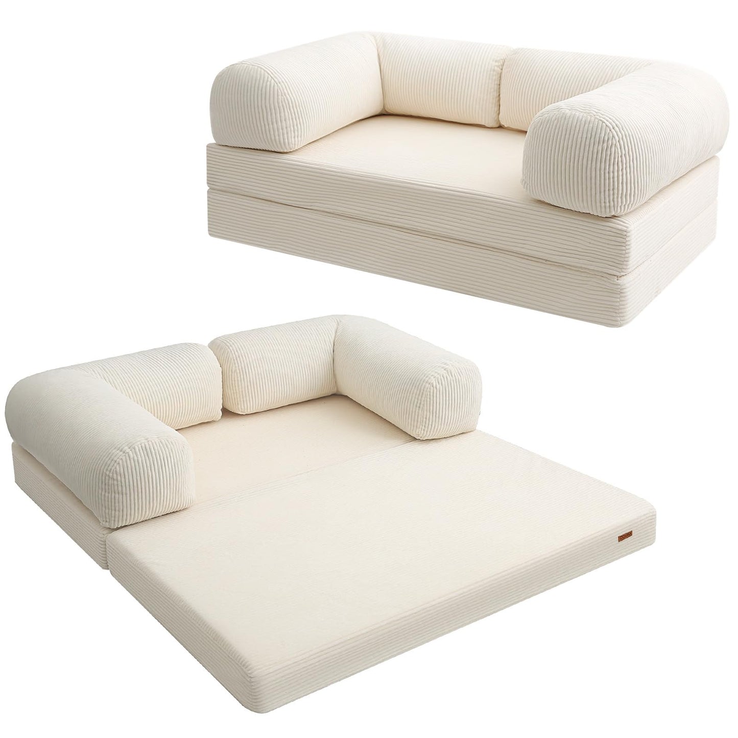 COMAX Folding Sofa Bed Queen, 4-in-1 Foldable Floor Couch Convertible Futon Sofa with Armrests Sleeper Mattress Chair Bed Comfy Portable Fold Out Lounge Guest for Living Room Bedroom, Beige