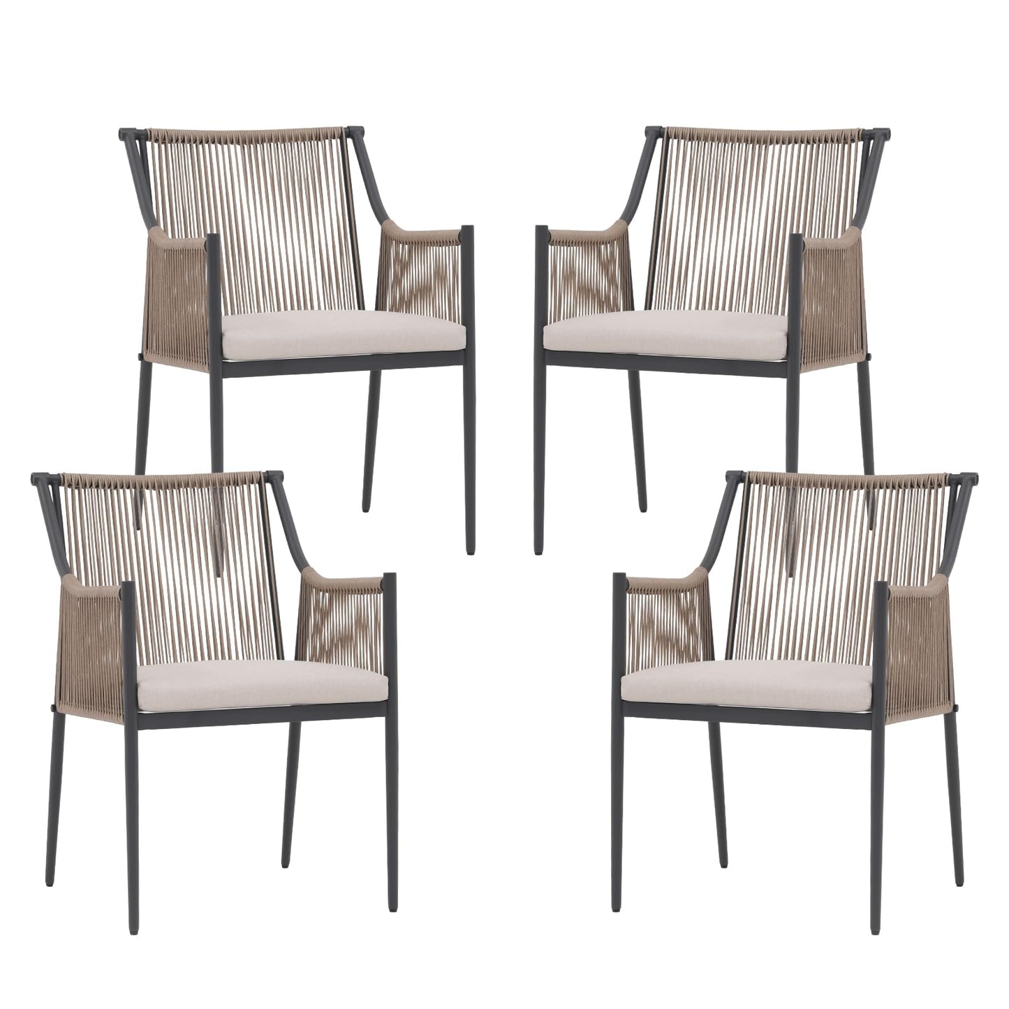 Patiorama Outdoor Dining Chairs Set of 4, Woven Rope Patio Dining Chairs, All-Weather Embossed Wicker Rattan Chairs, Outdoor Patio Chairs with Cushion & Integrated Armrest for Backyard, Light Beige